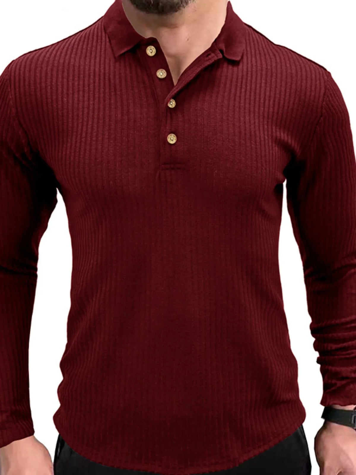 Ribbed knit long sleeve polo, Burgundy