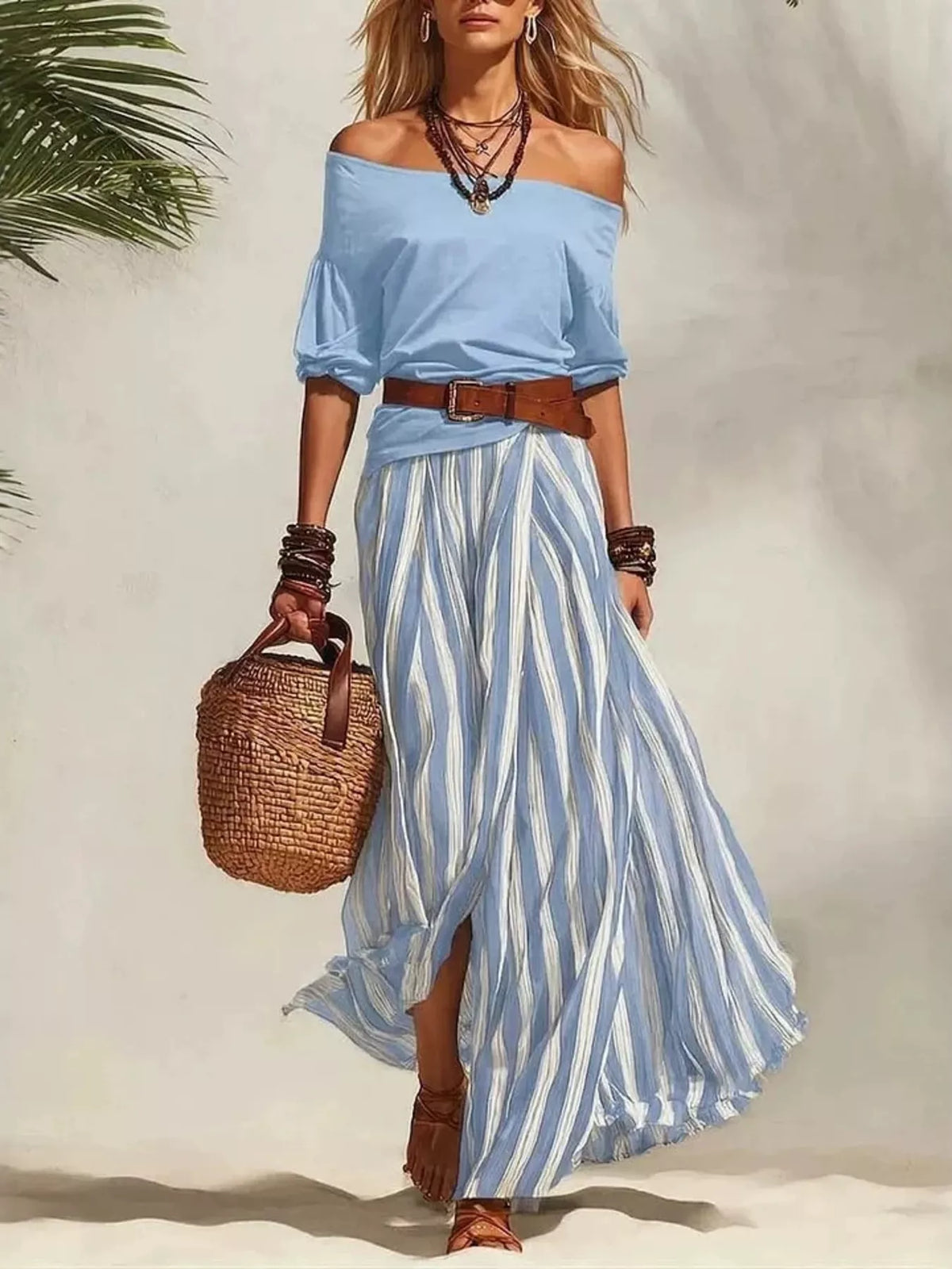 Off shoulder top and striped maxi skirt set with belt, Sky Blue