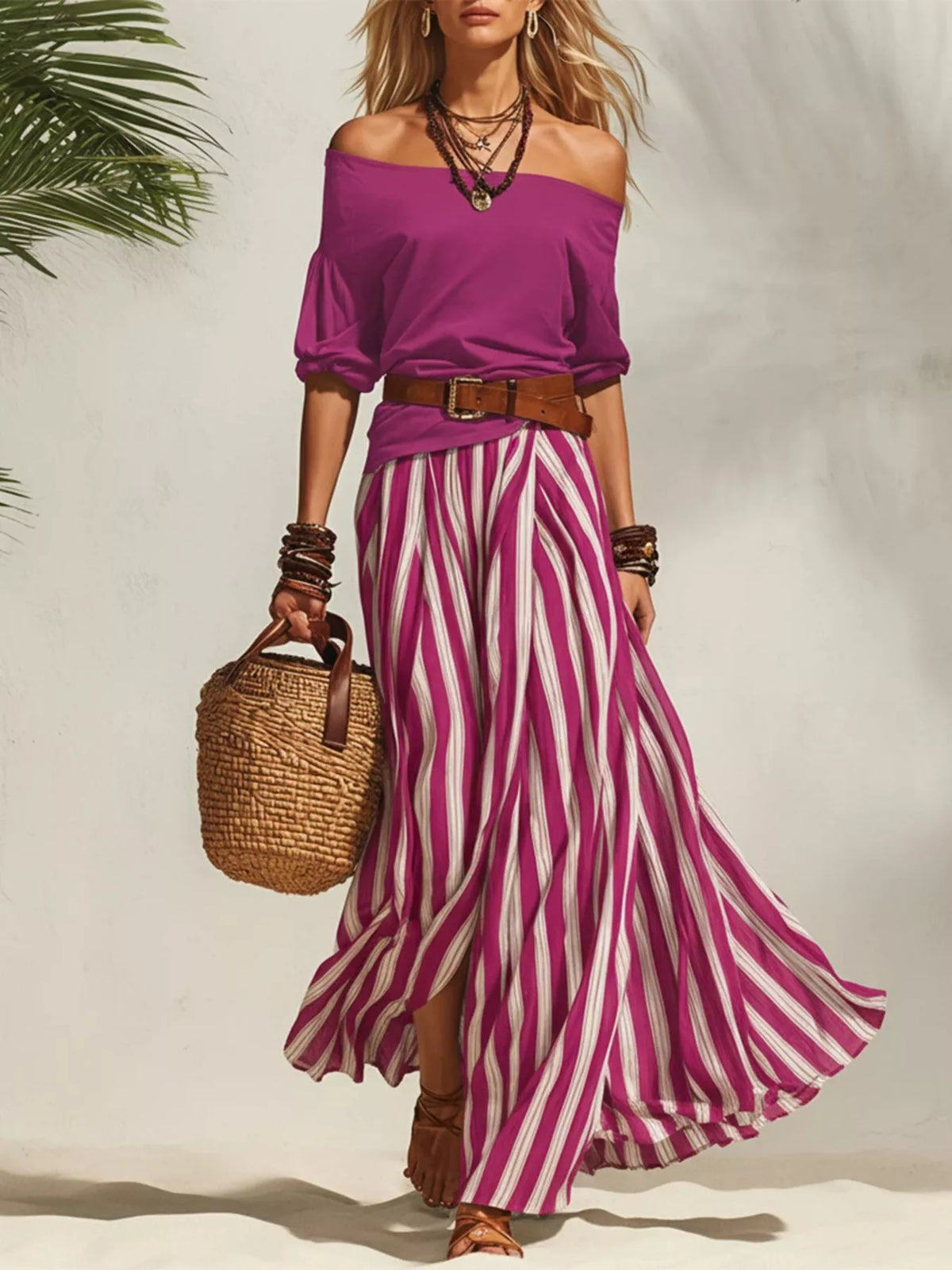 Off shoulder top and striped maxi skirt set with belt, Red