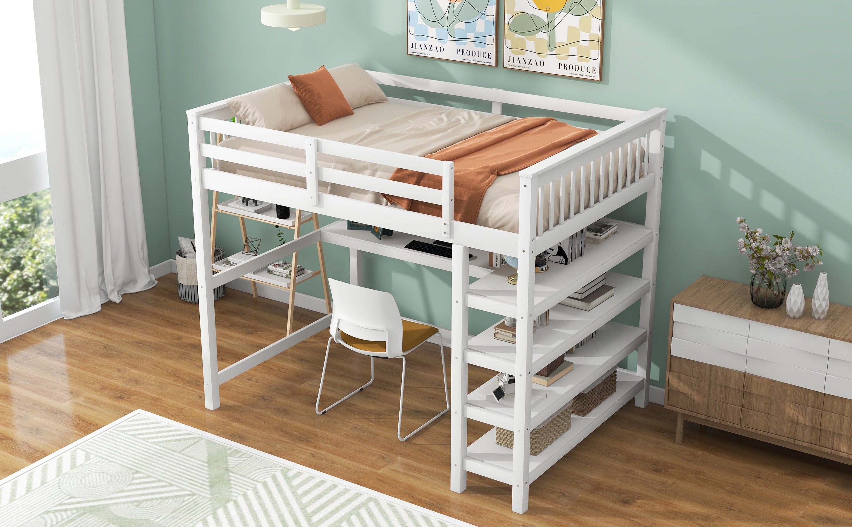 Full Size Loft Bed with Storage Shelves and Under-bed Desk  White