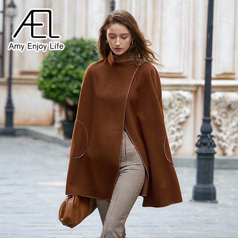 AEL Winter Wool Coat Women's Poncho Jacket Warm Cape Overcoat Long Cloak Outwear Casual Shawl Female