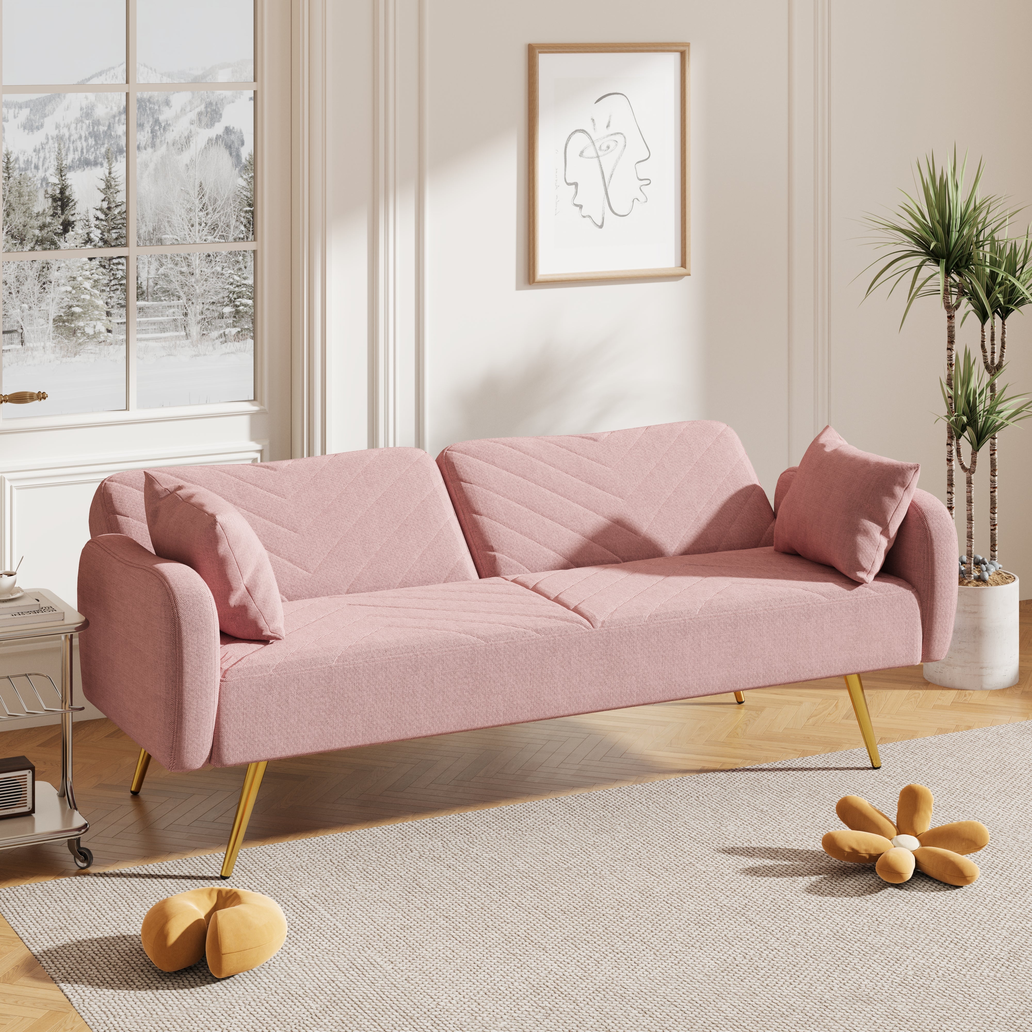 70.47" Pink Fabric Double Sofa with Split Backrest and Two Throw Pillows