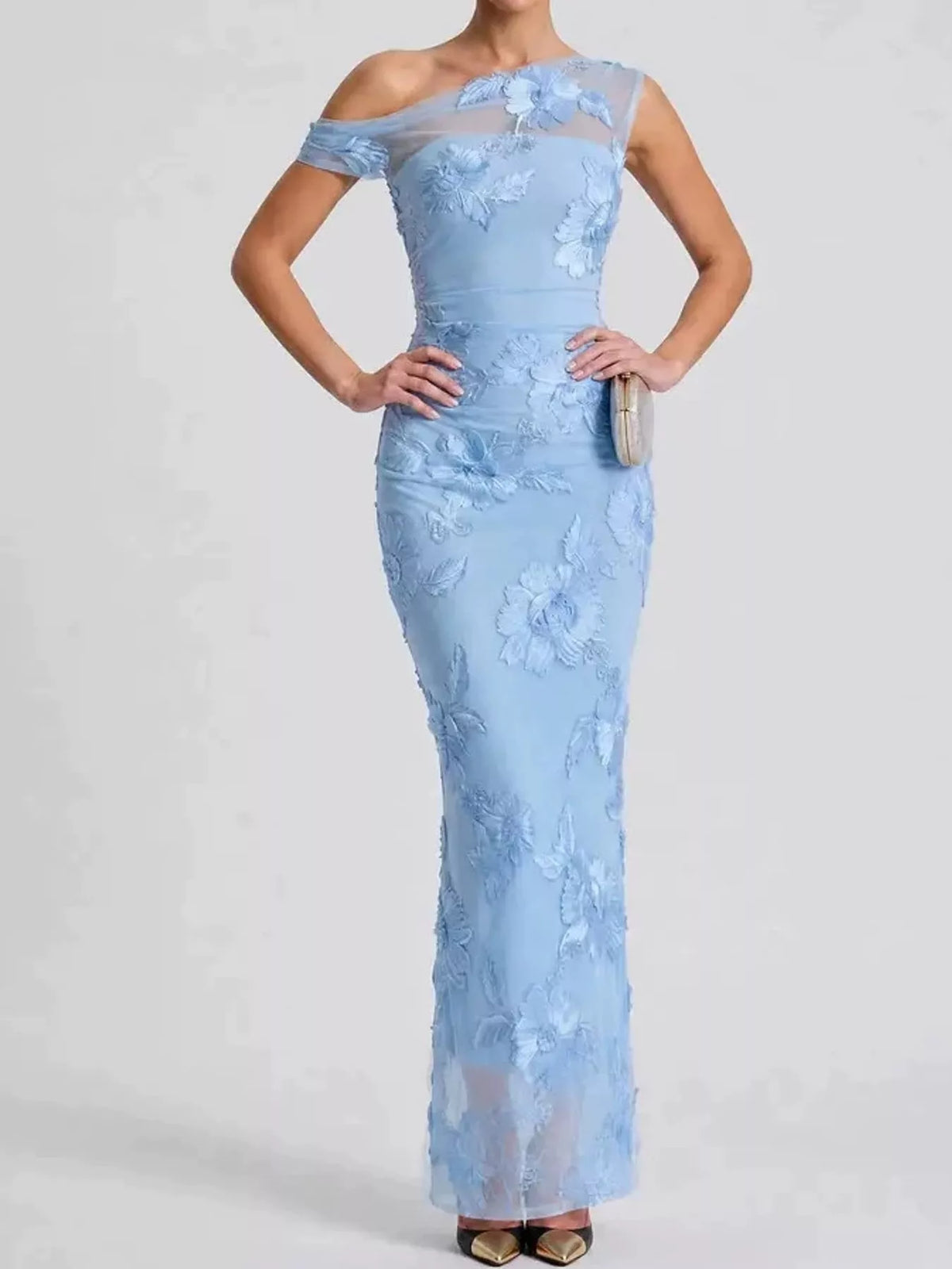 One-shoulder floral embroidered maxi dress