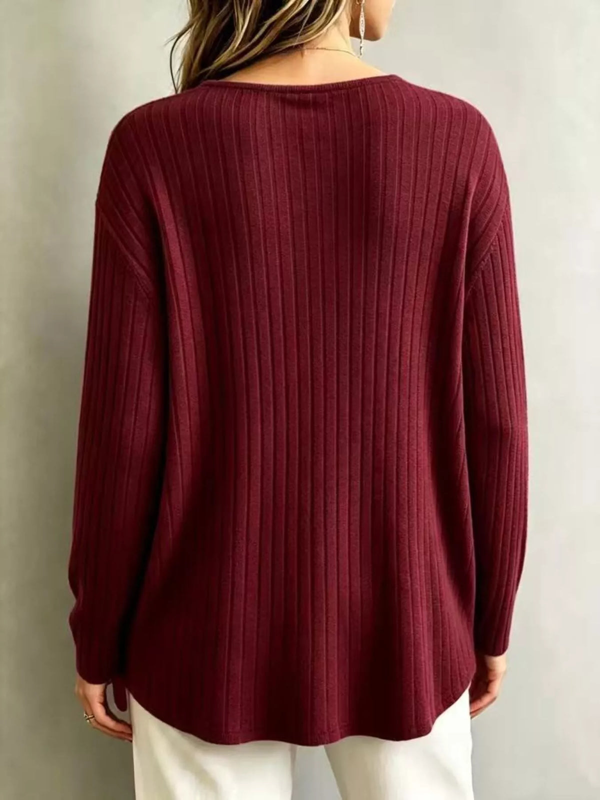 Ribbed V-neck long-sleeve tee