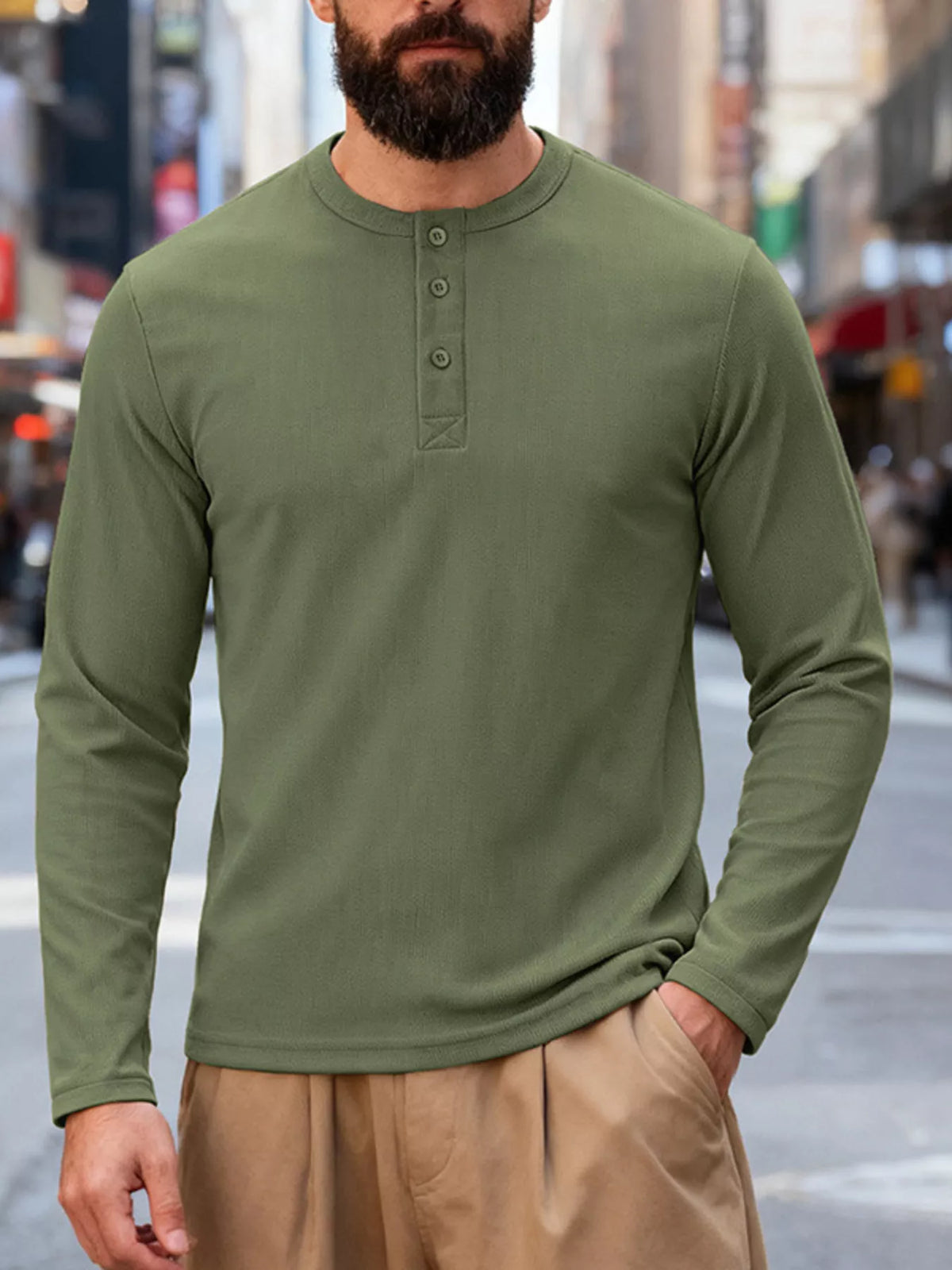 Long-sleeve henley – bean green