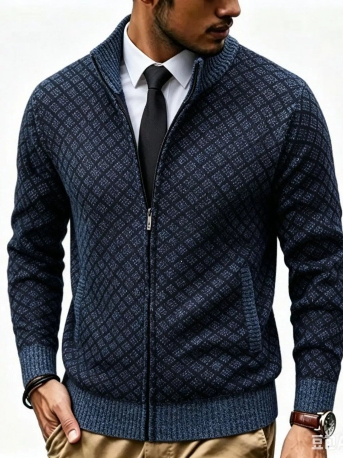 Geometric patterned full-zip cardigan, Dark Navy