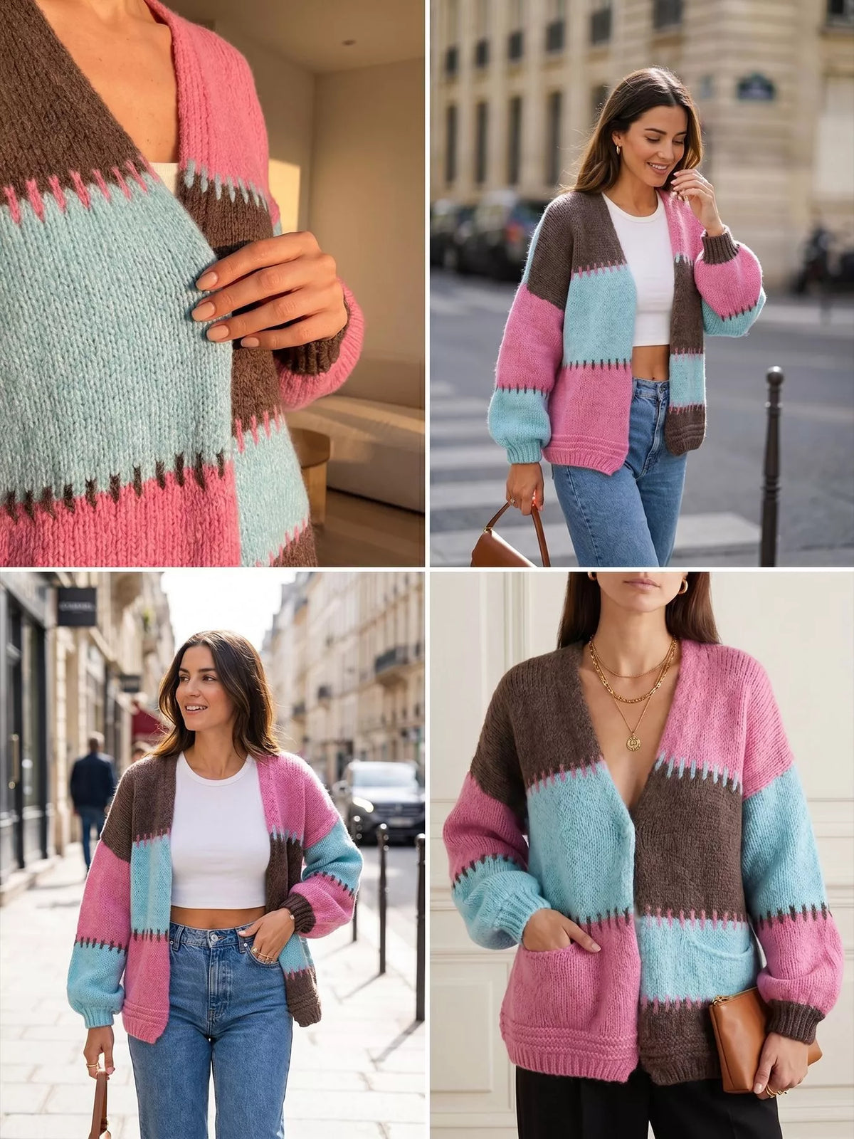 Color block V neck cardigan