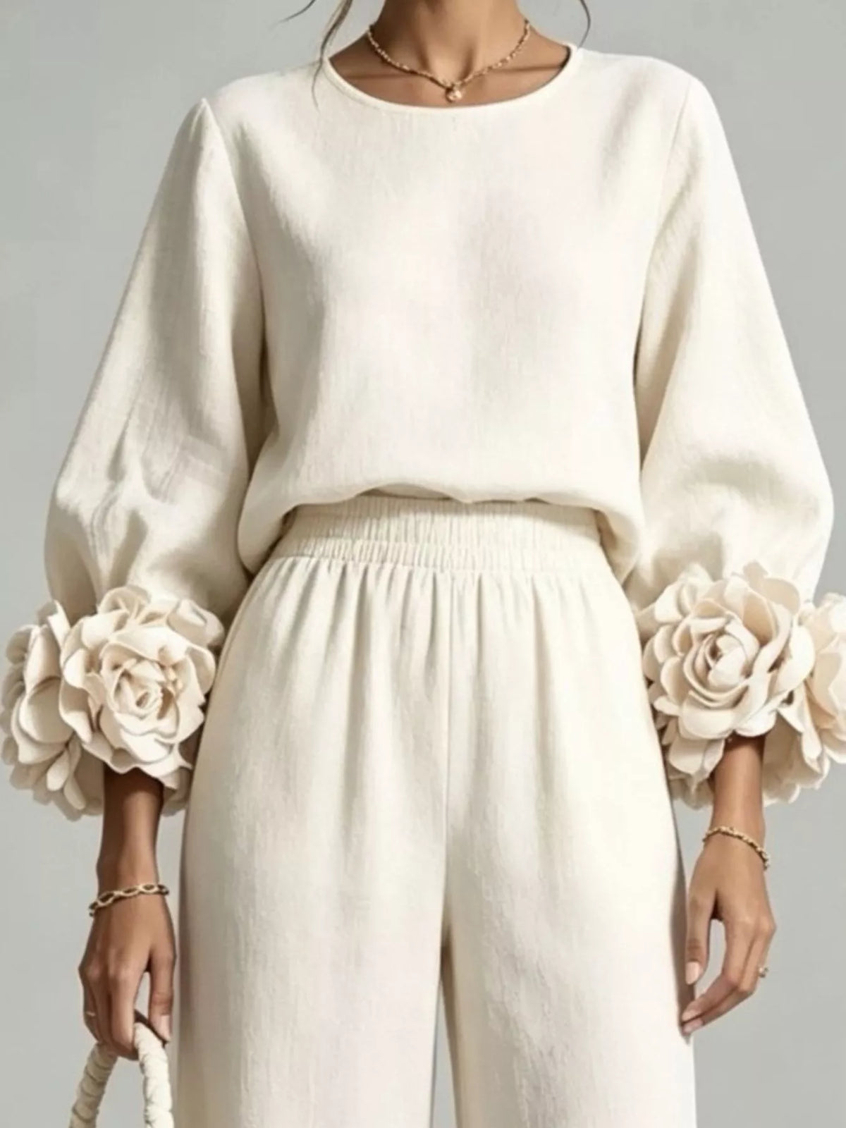 Floral-cuff top and pants set