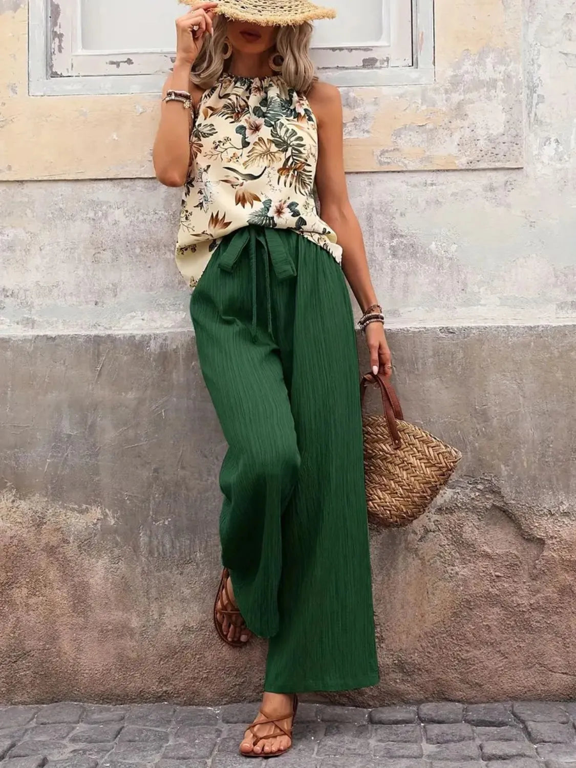 Printed tank top and wide leg pants set