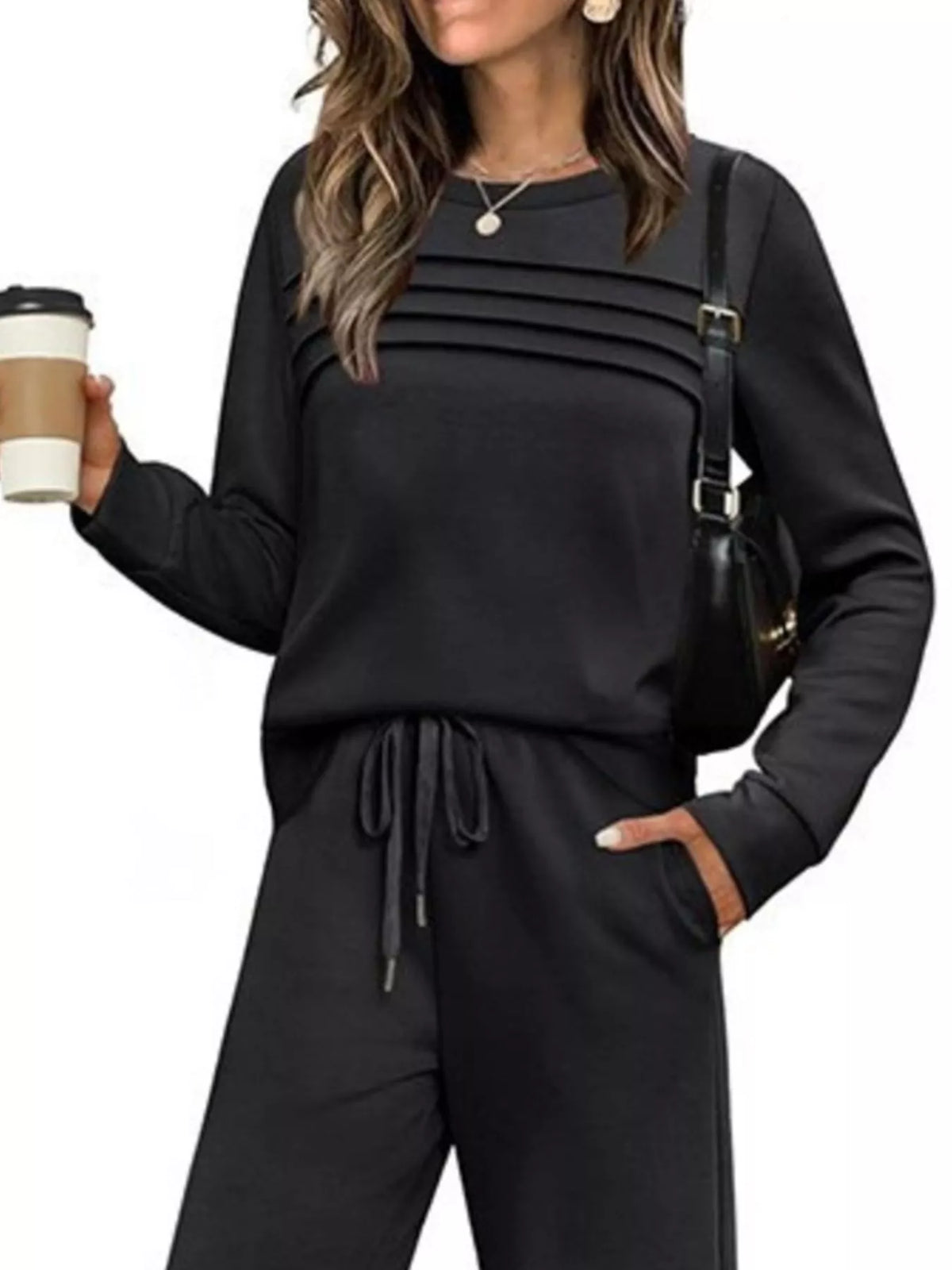 Long sleeve round neck top and pants set