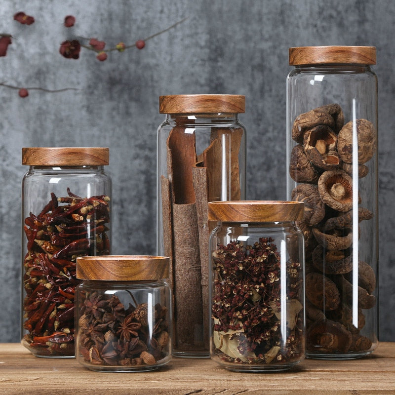 Kitchen Storage Wood Lid Glass Airtight Canister Bottles Jars Food Container Grains Tea Coffee Beans Grains Candy Jar Containers