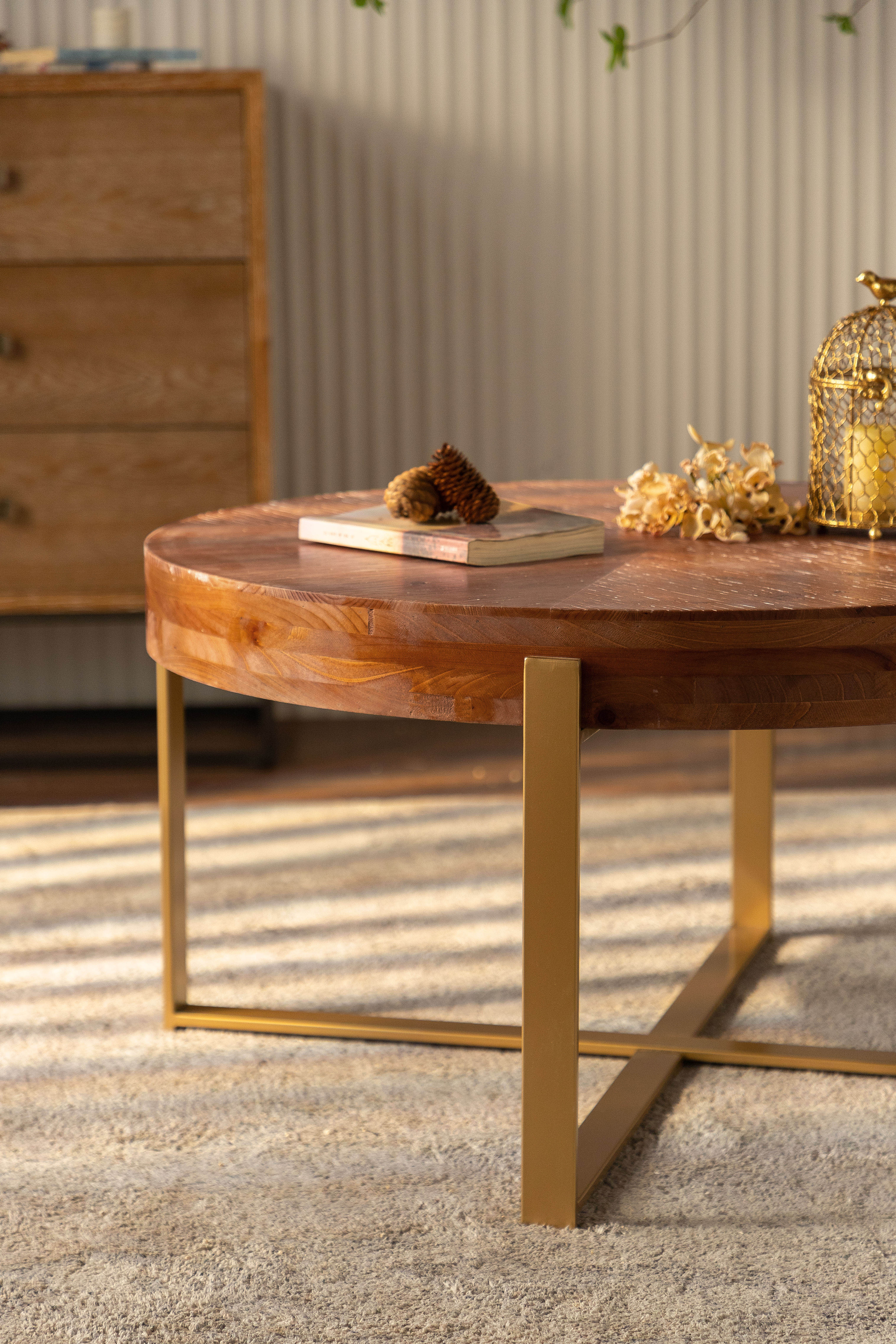 33.86"Modern Retro Splicing Round Coffee Table Fir Wood Table Top with Gold Cross Legs Base(Same SKU:W757126236)