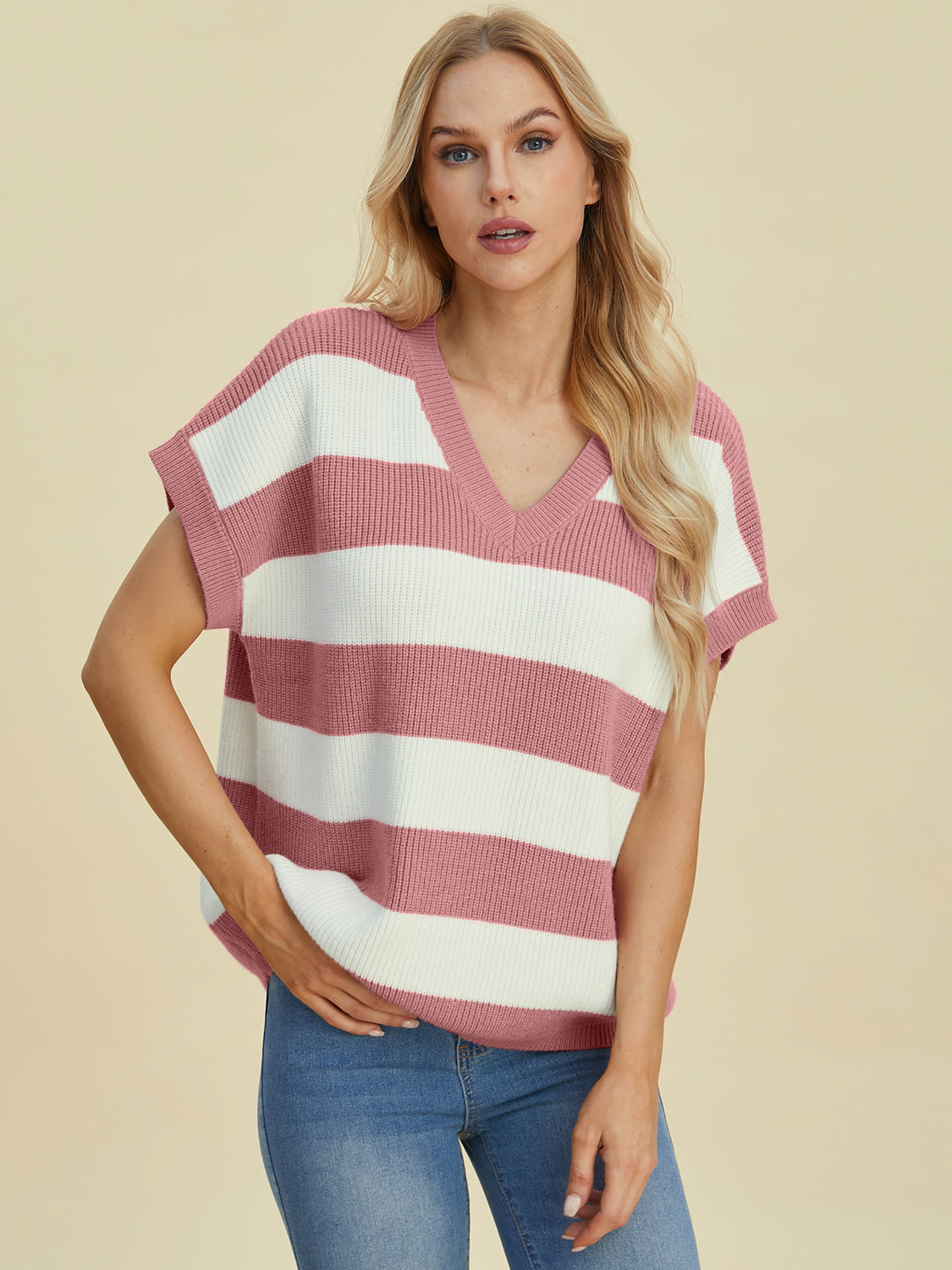 Striped V-neck short sleeve sweater