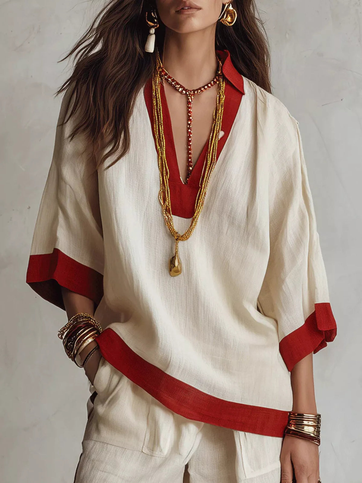 Contrast trim top and wide leg pants set