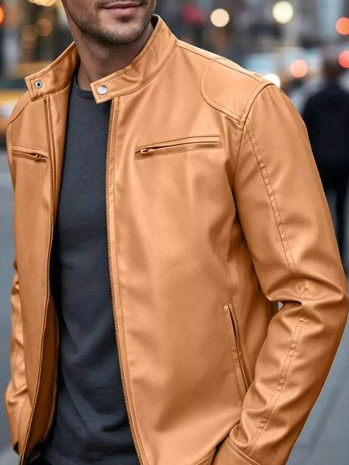 Faux leather bomber jacket with zipper pockets, Sherbet