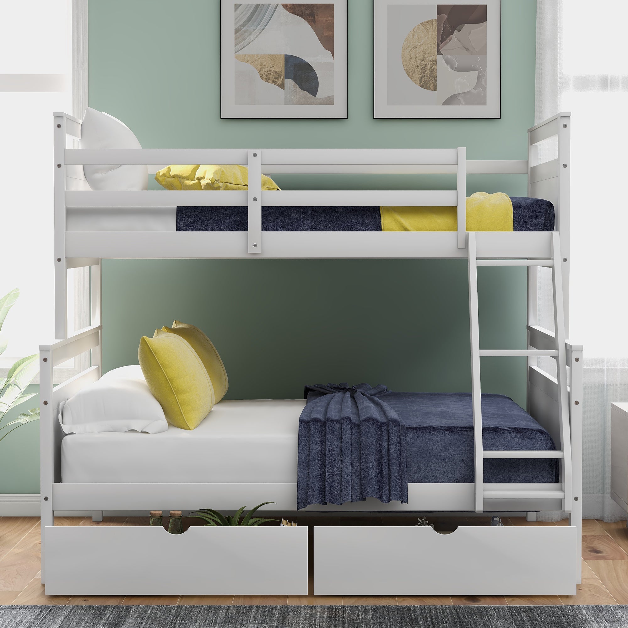 Twin over Full Bunk Bed with Ladder, Two Storage Drawers, Safety Guardrail  White