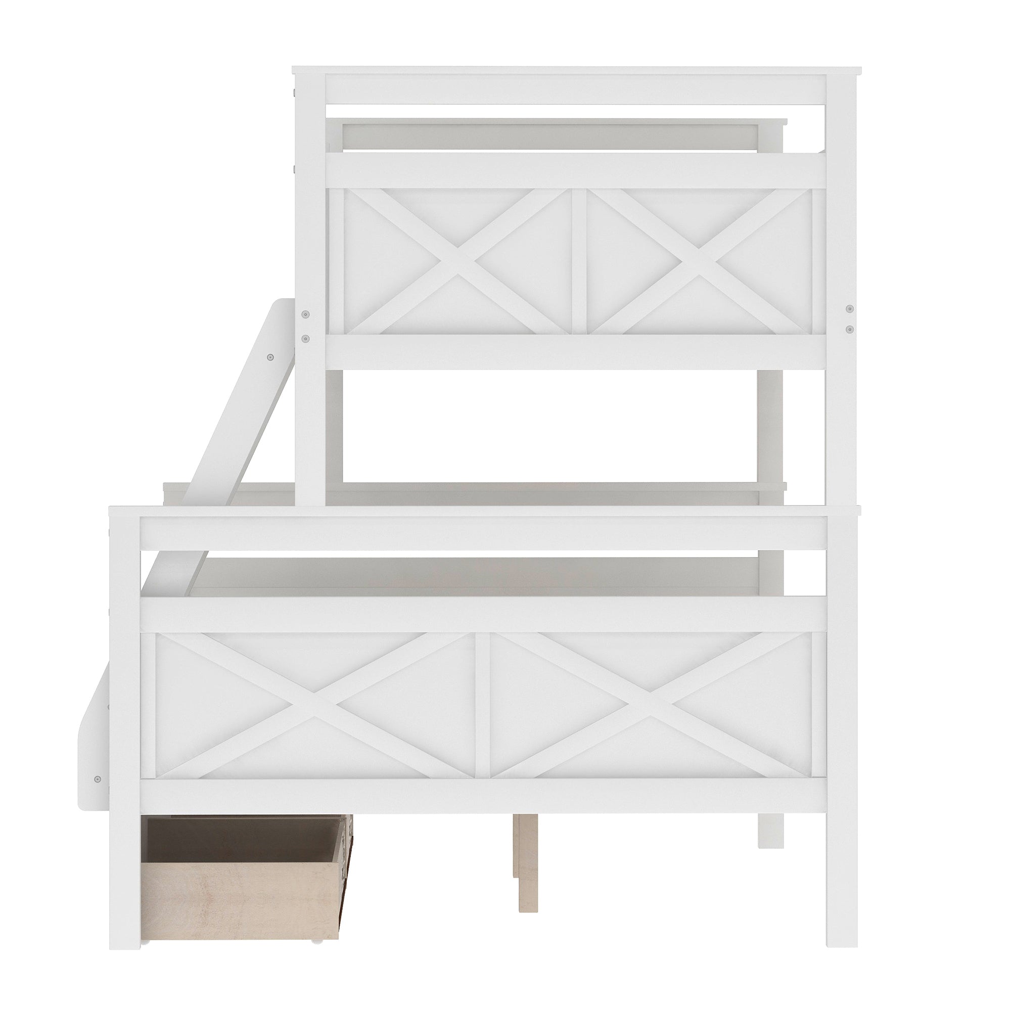 Twin over Full Bunk Bed with Ladder, Two Storage Drawers, Safety Guardrail  White