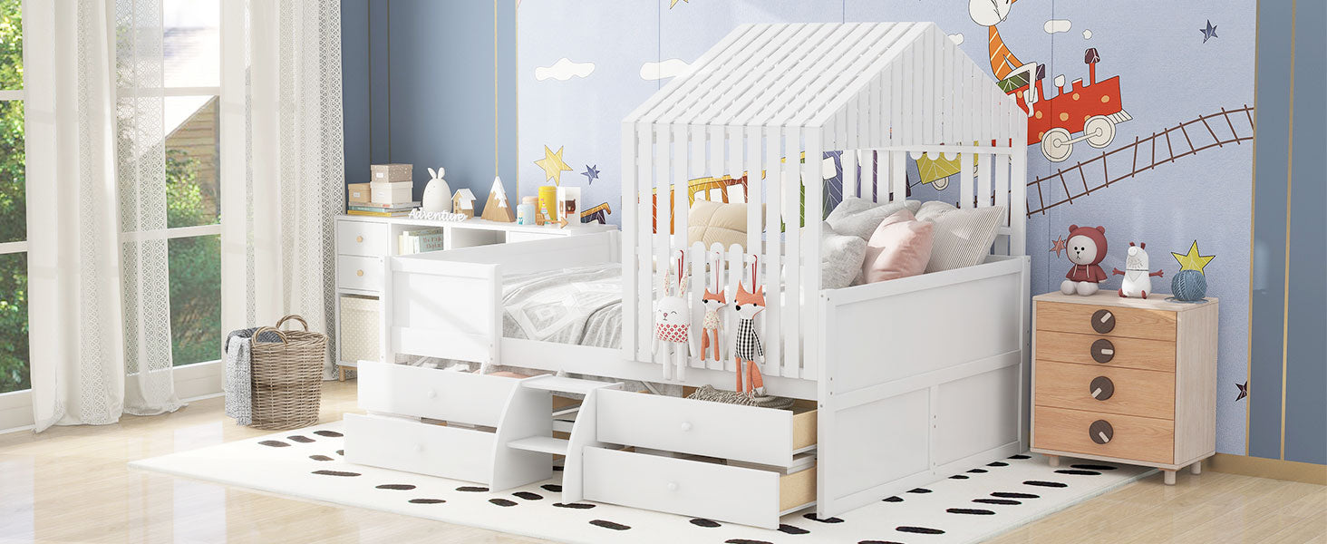 Full Size House Low Loft Bed with Four Drawers,White