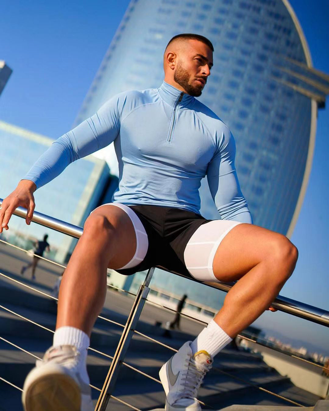 Half zip training top, Light Blue, front