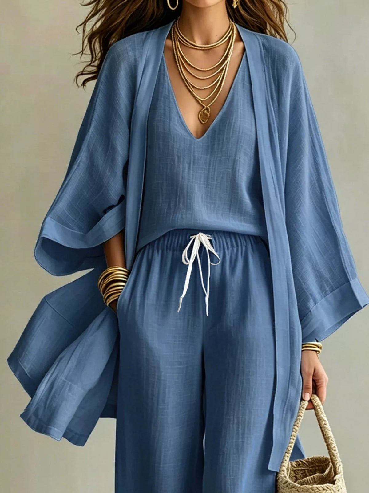 V-neck top &amp; cardigan &amp; pants three-piece set