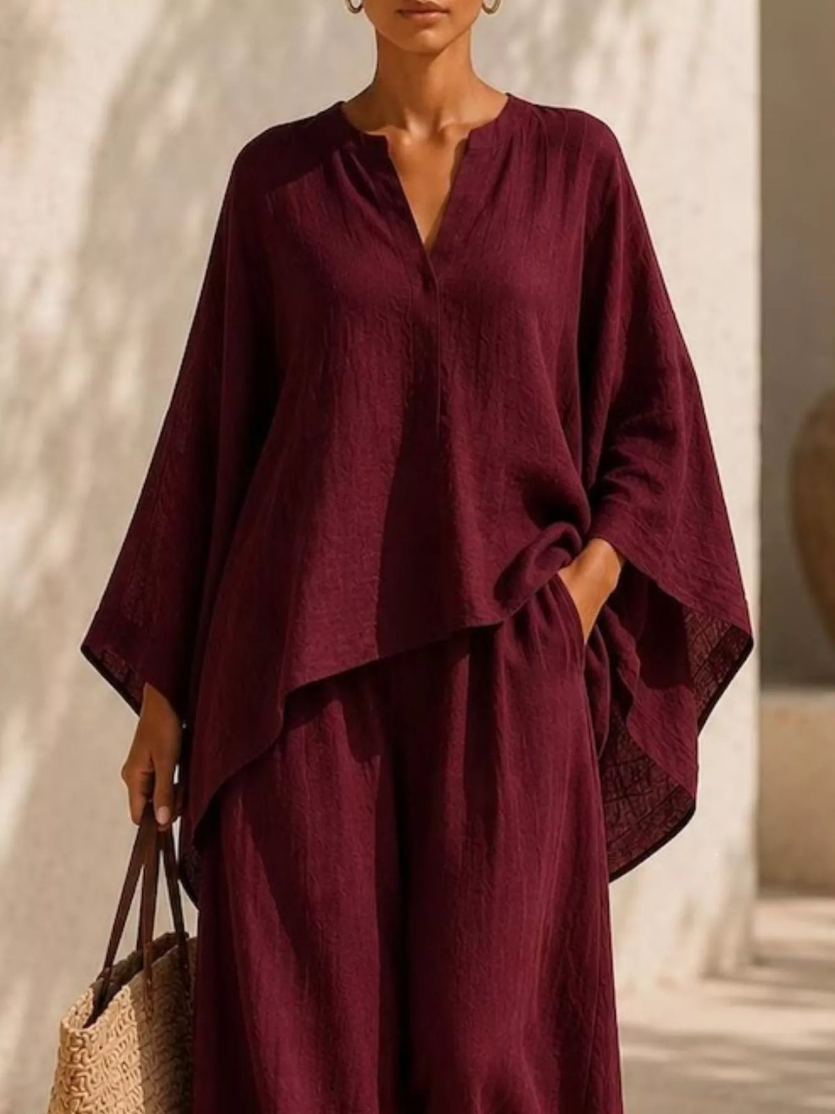 Notched long sleeve top and wide-leg pants set