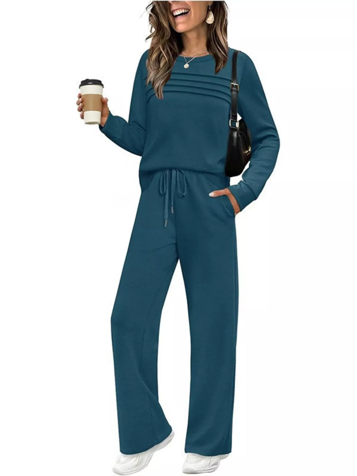 Long sleeve round neck top and pants set, Teal