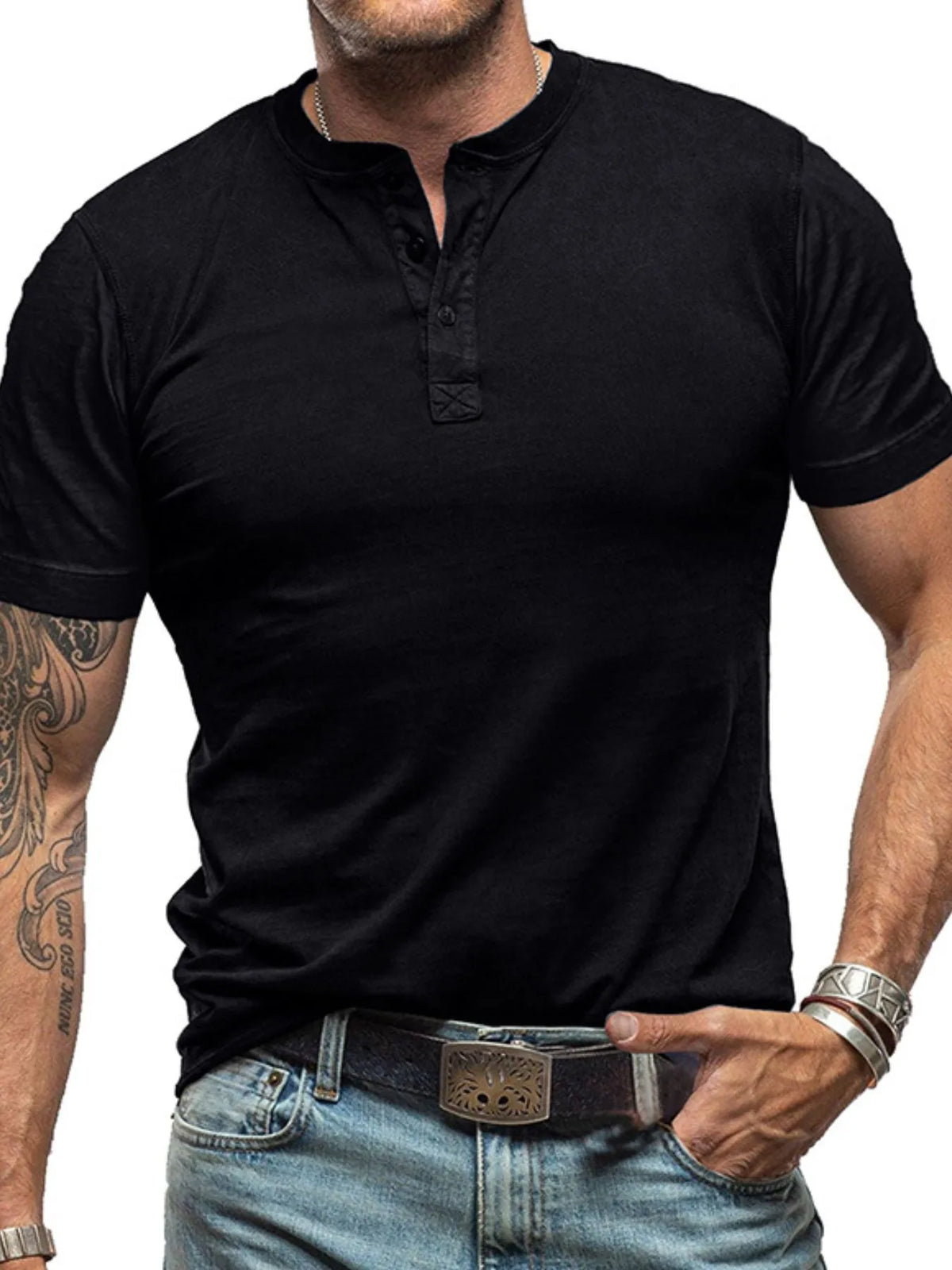 Short-sleeve henley polo – black