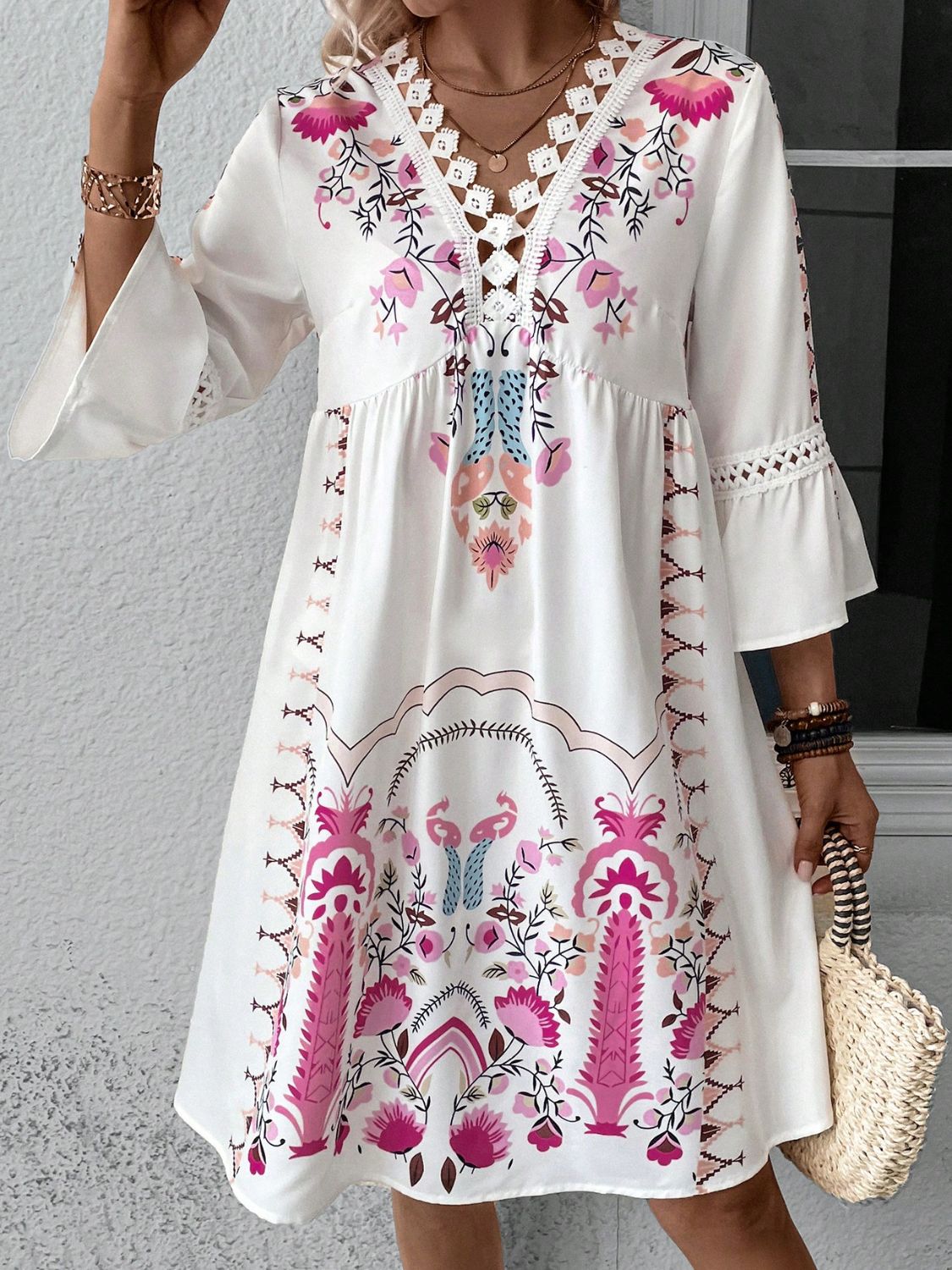 Printed lace-trim dress – deep rose