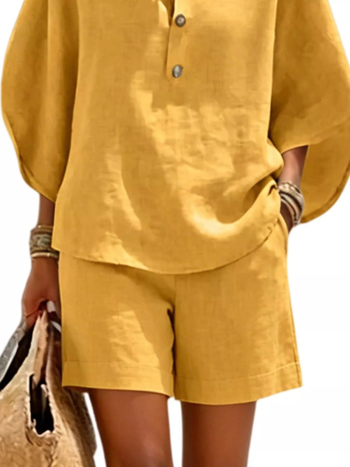 Button detail loose fit top and shorts set