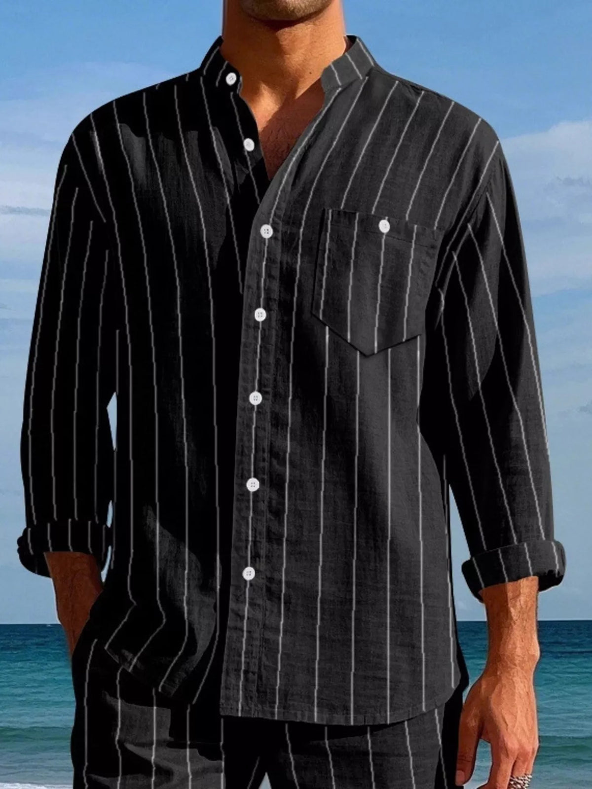 Striped button-up shirt – black