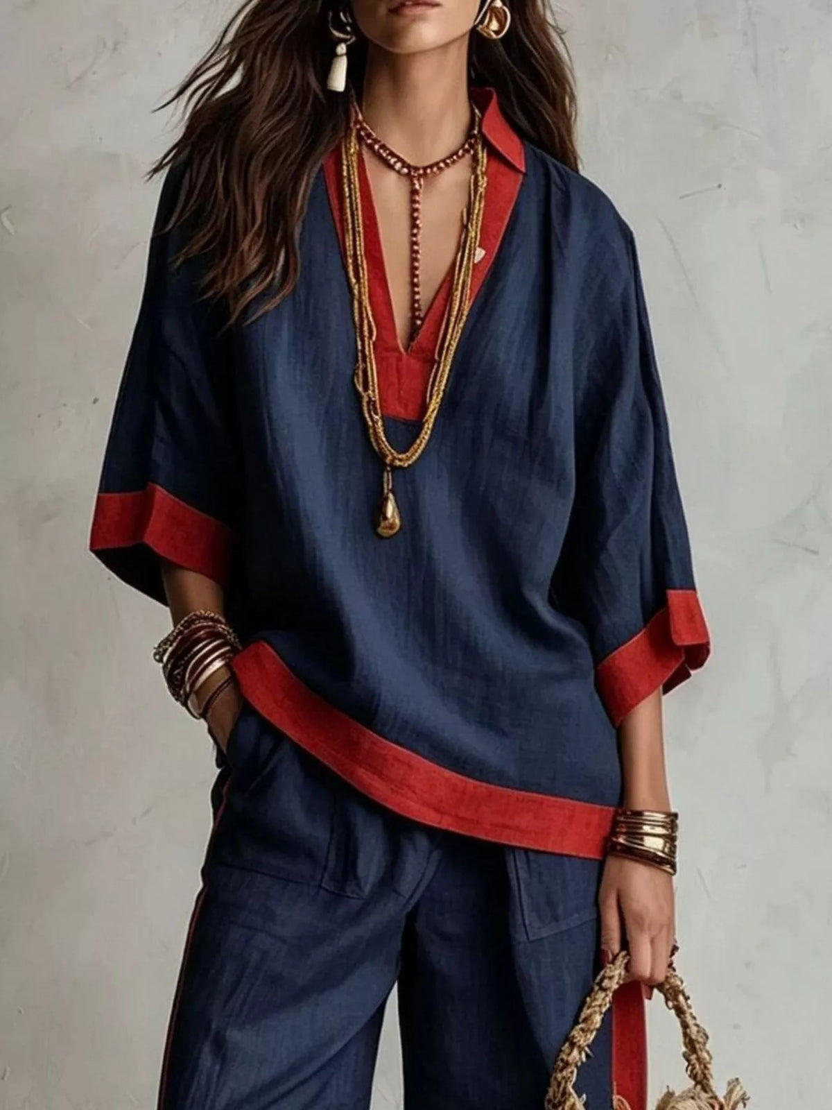 Contrast trim top and wide leg pants set