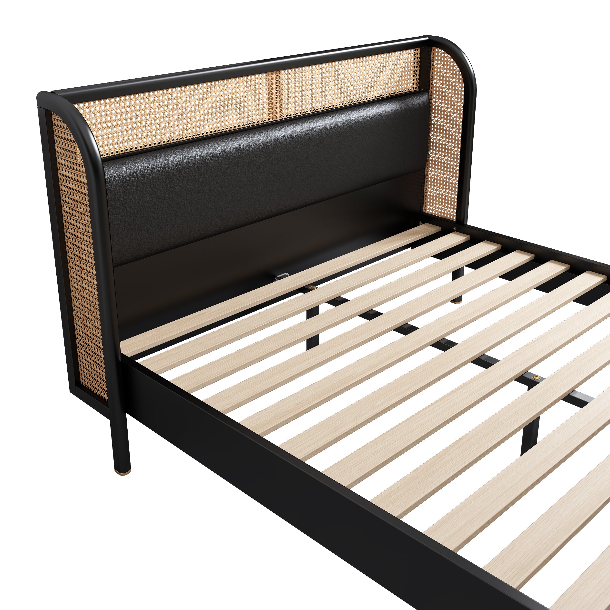 Modern Cannage Rattan Wood Platform Queen Bed Black