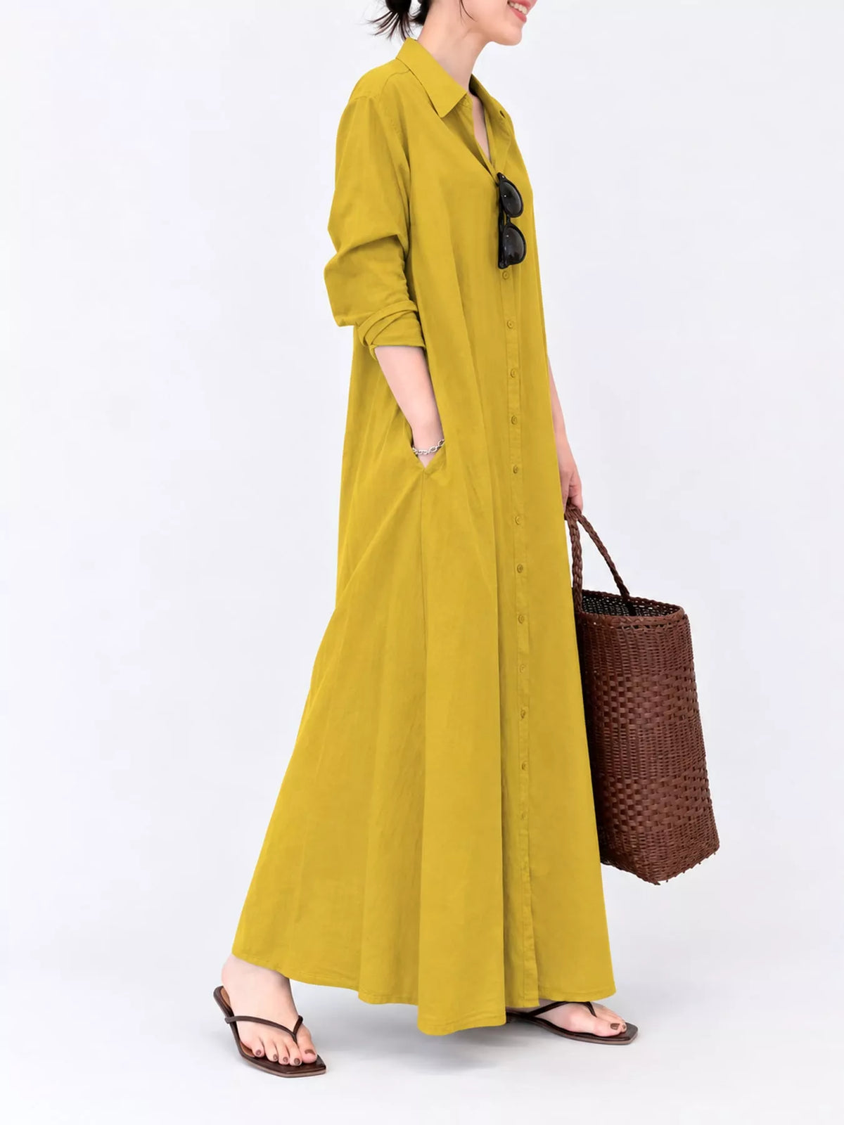 Button front long sleeve maxi shirt dress