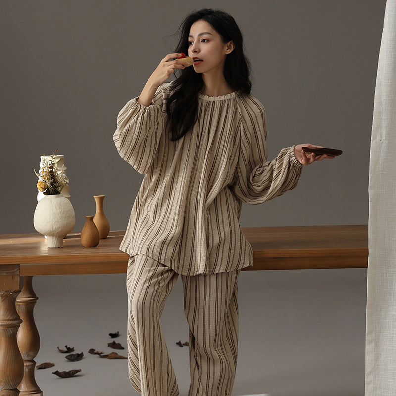 Couple's sleepwear autumn new item Wabi Sabi style cotton yarn can be worn outside loose men's and women's home clothes