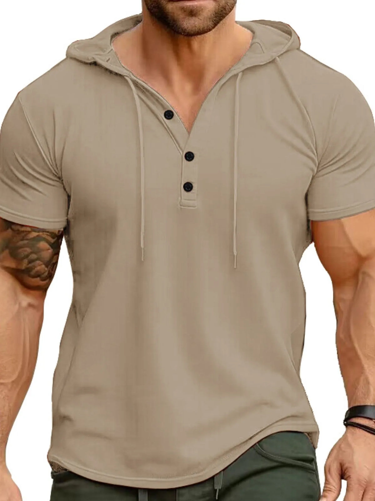 Casual hooded henley T-shirt, Khaki