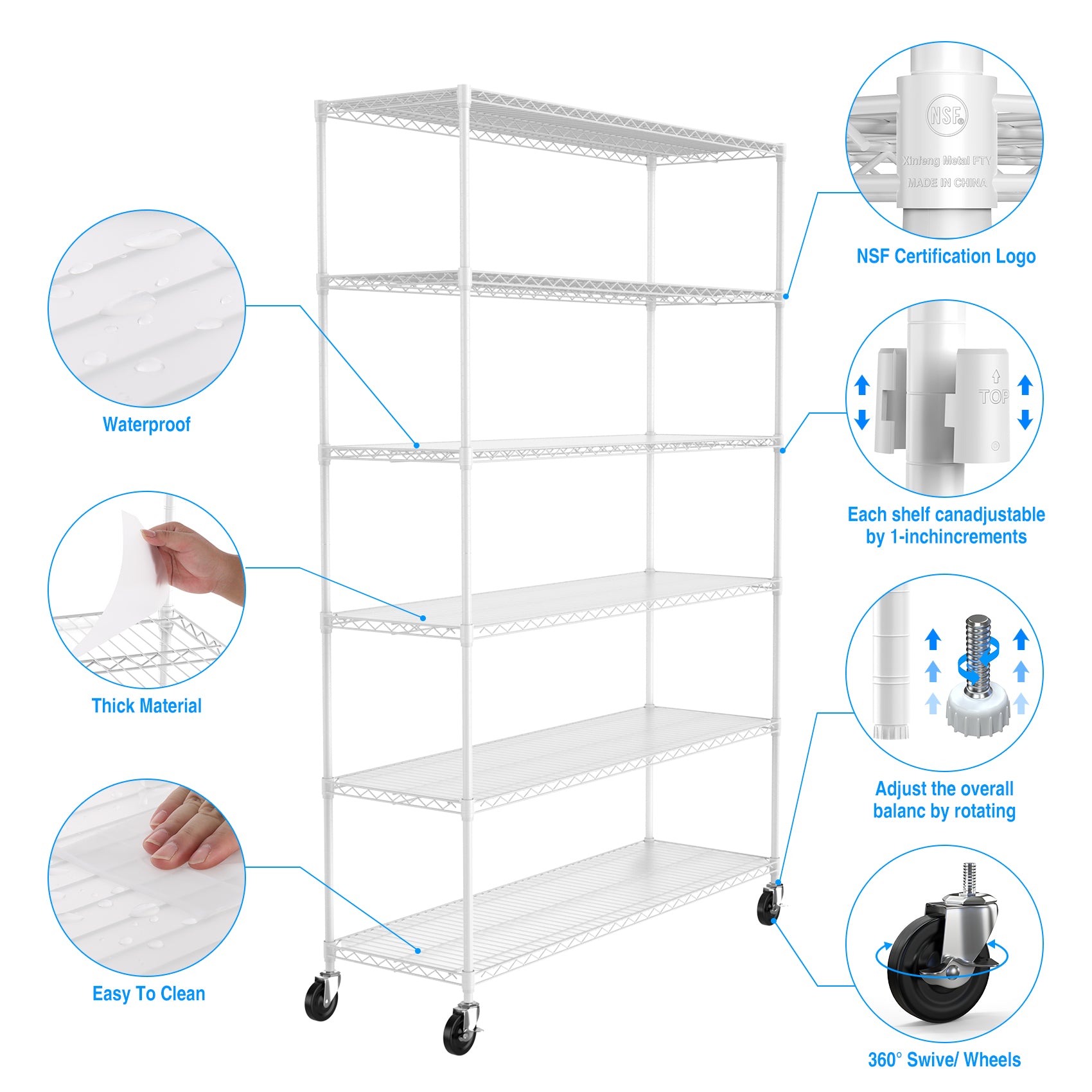 6 Tier Wire Shelving Unit  6000 LBS NSF Height Adjustable Metal Garage Storage Shelves with Wheels  White