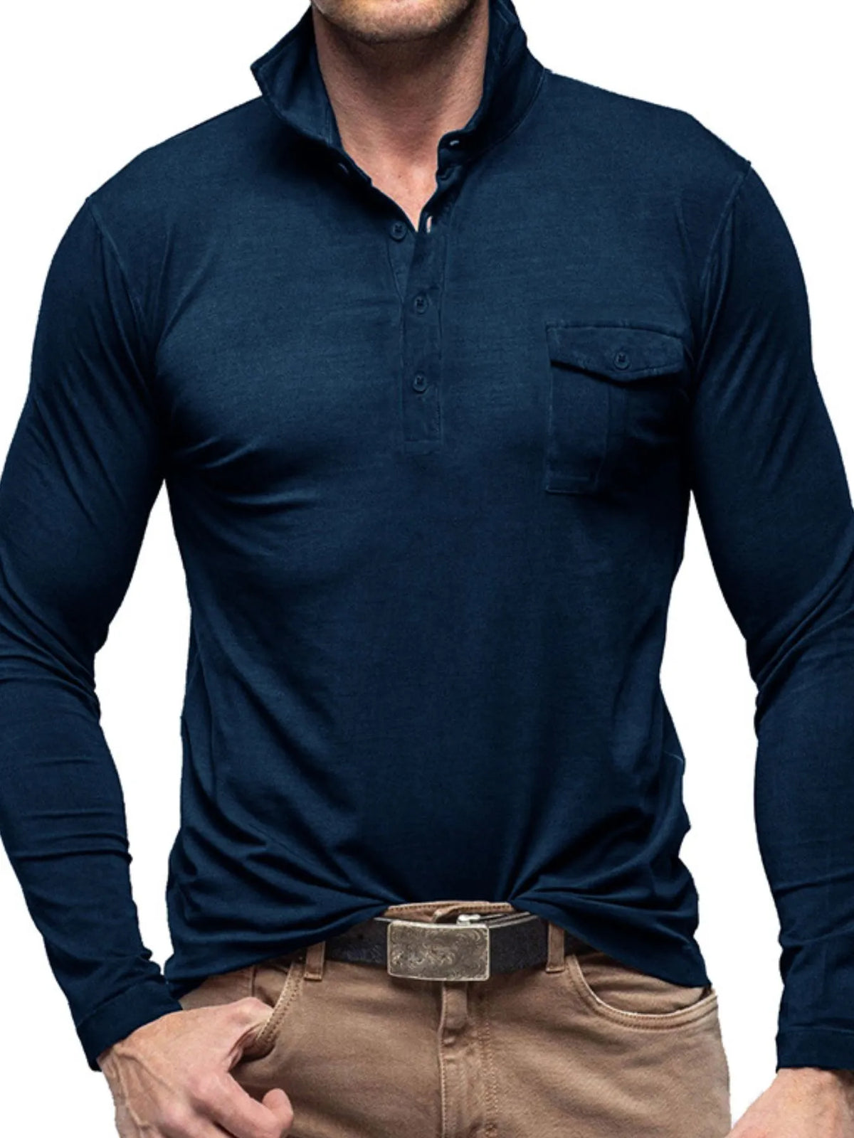 Basic style collared neck long sleeve polo, Peacock  Blue