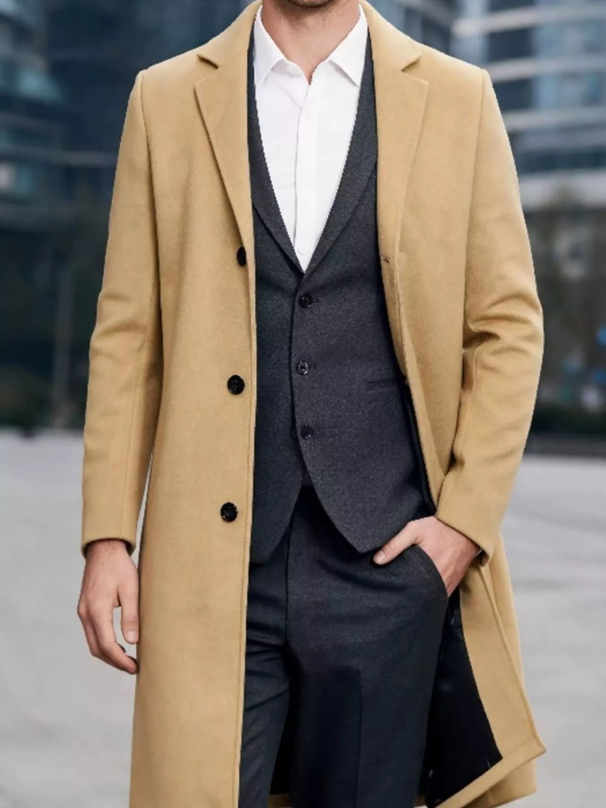 Slim-fit lapel collar overcoat, Khaki