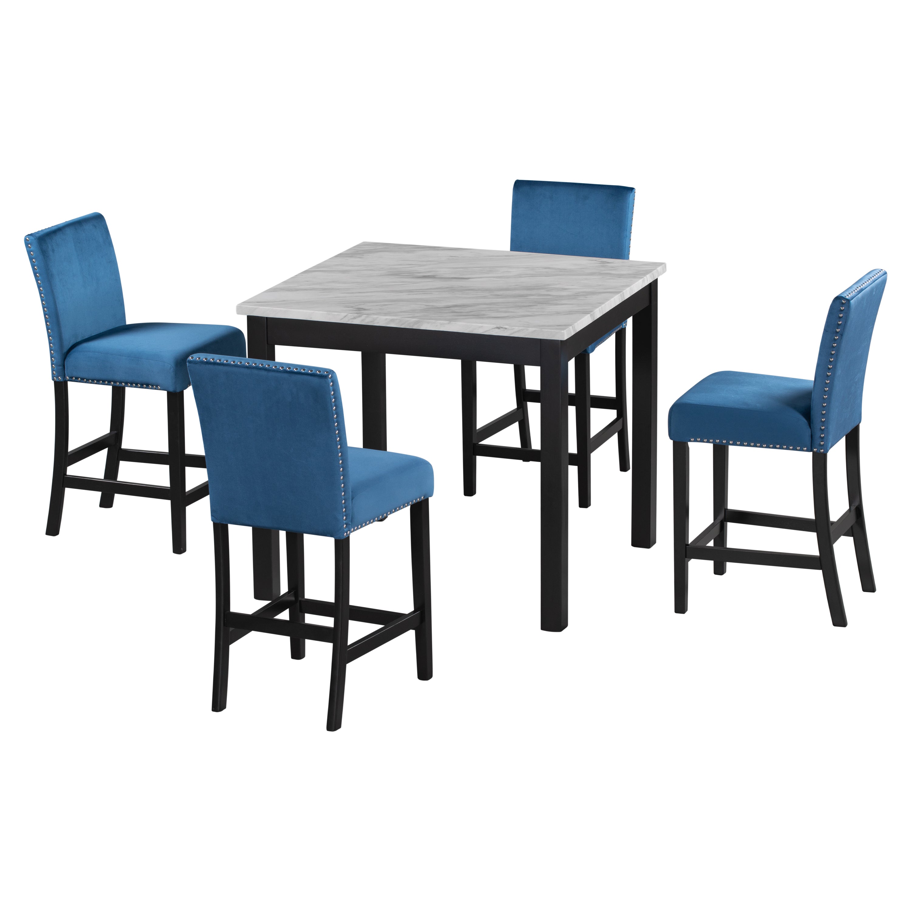 5-piece Counter Height Dining Table Set with One Faux Marble Dining Table and Four Upholstered-Seat Chairs Blue