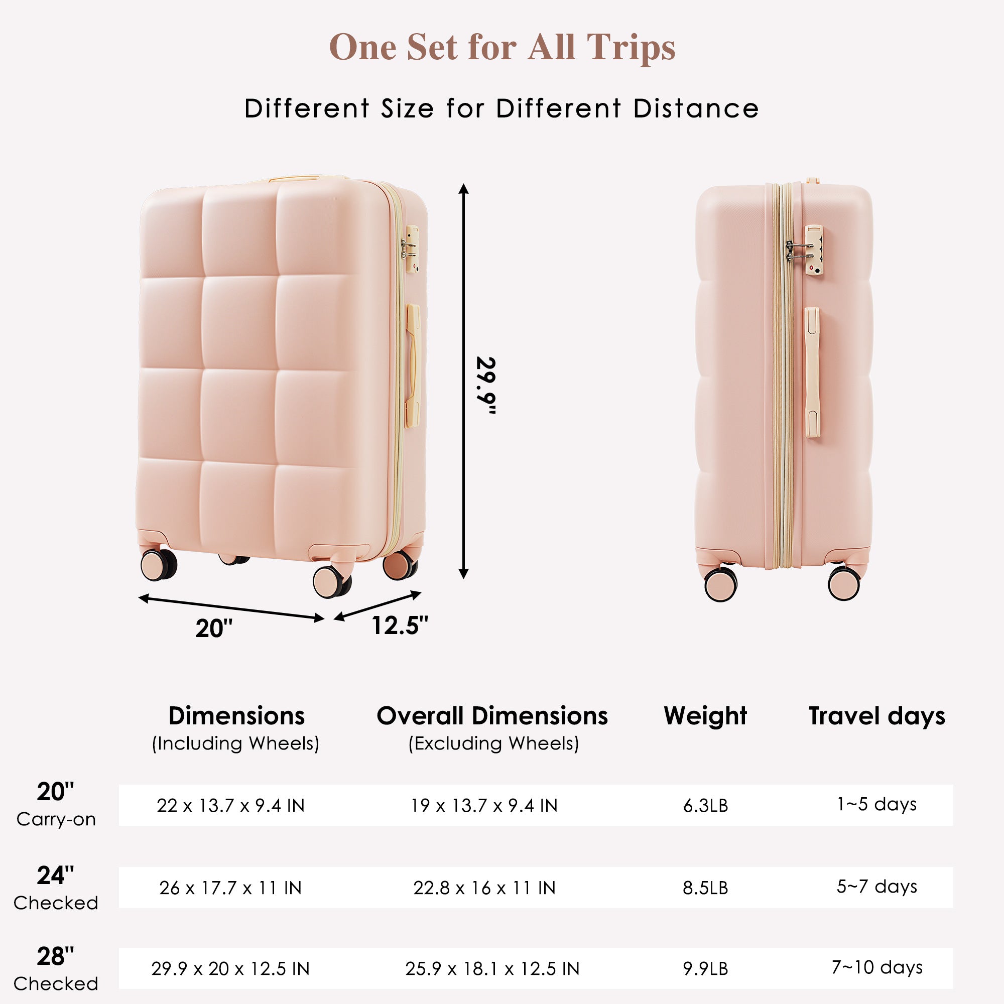 3-piece luggage set, 20 inches, ABS hard shell luggage with USB port and cup holder rotating wheel, pink color