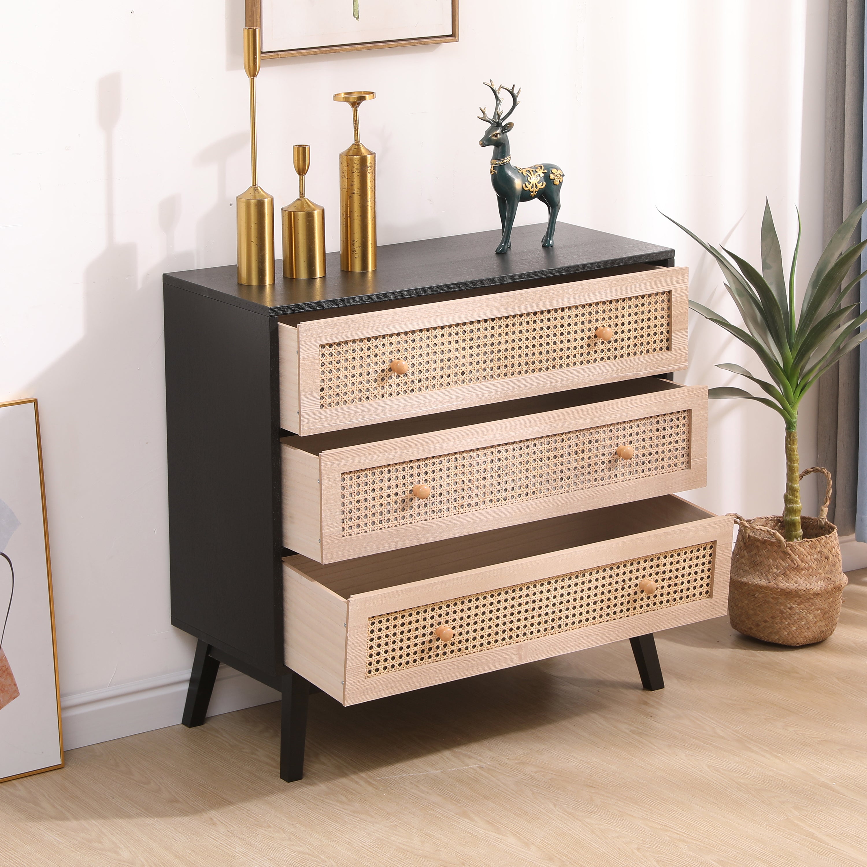 31.5 "3-Drawers Rattan Storage Cabinet Rattan Drawer,for Bedroom,Living Room,Natural drawer and black panel