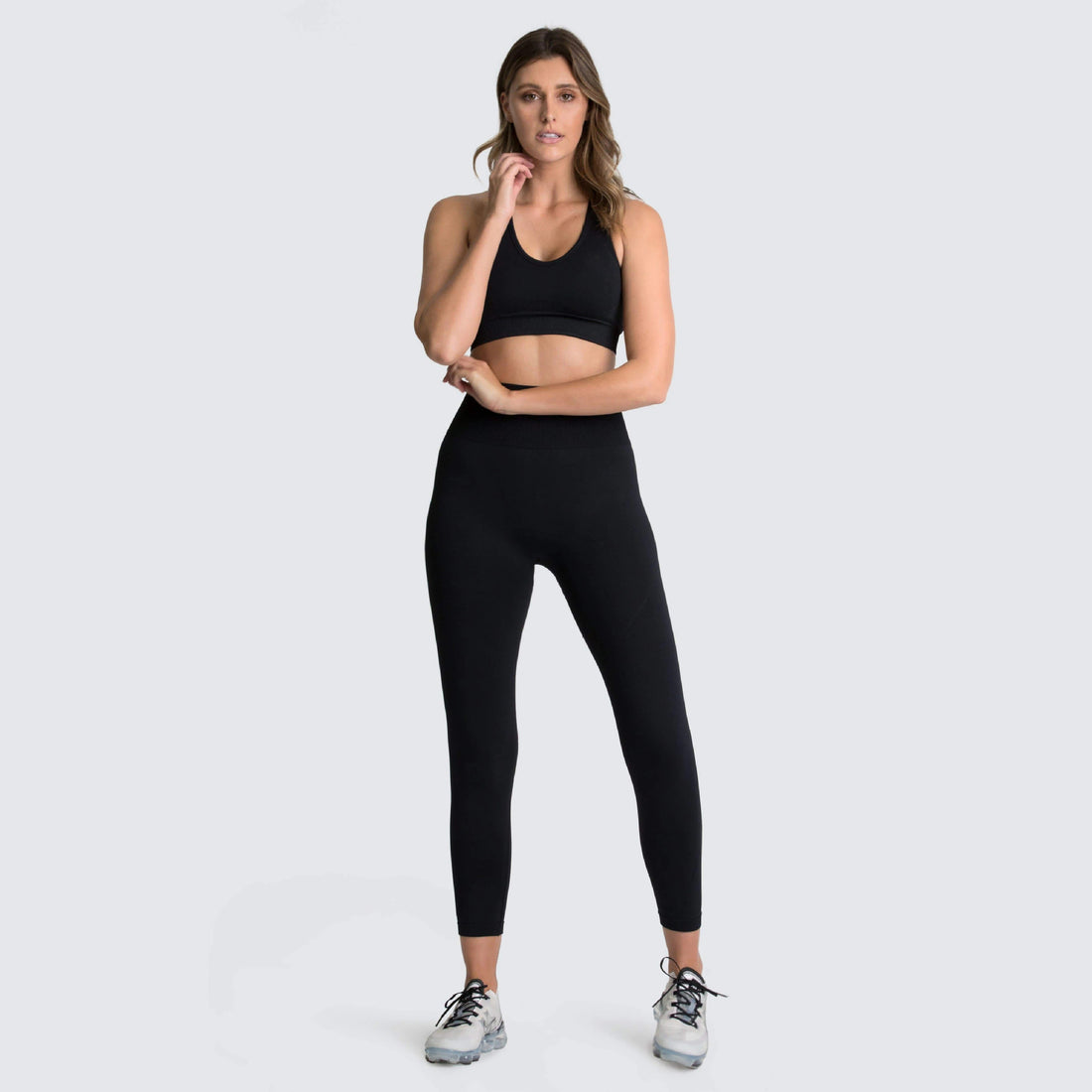 Seamless knit workout set, Black, front