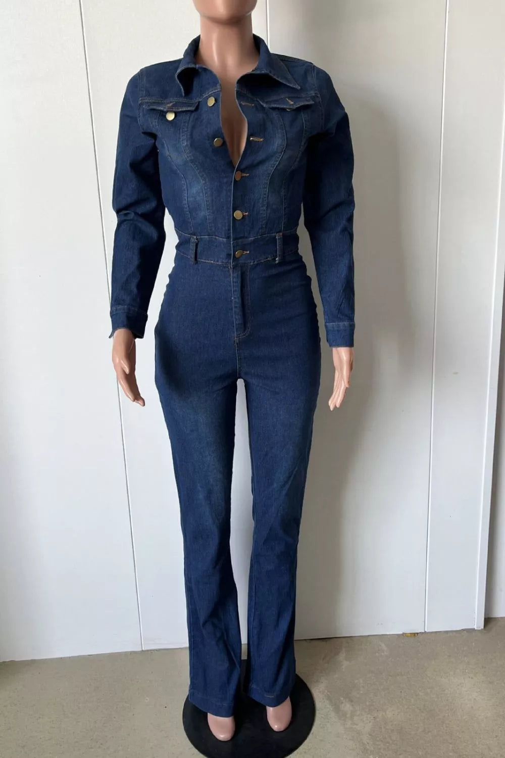 Flared denim jumpsuit, front