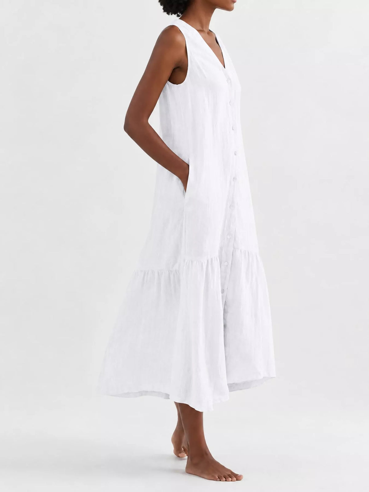 V-neck button front sleeveless midi dress