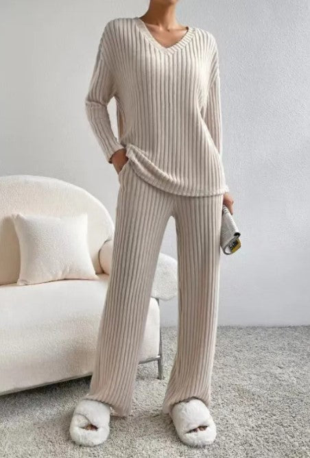 Ribbed V neck lounge set, Oatmeal, front