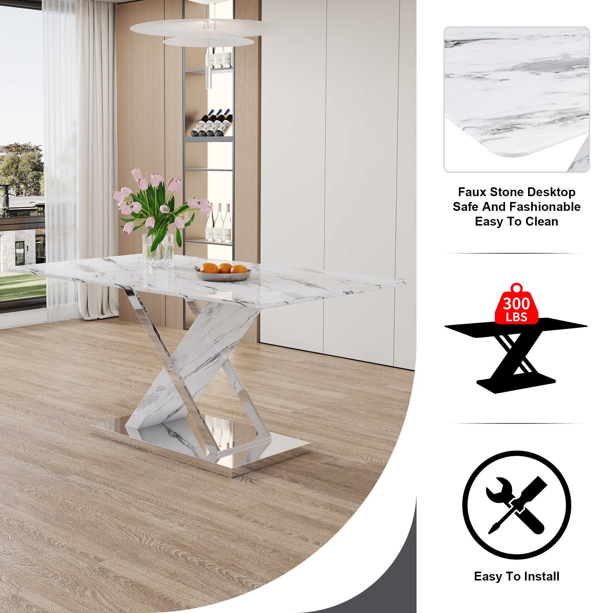 Modern white rectangular marble textured glass dining table and office desk Equipped with stainless steel base