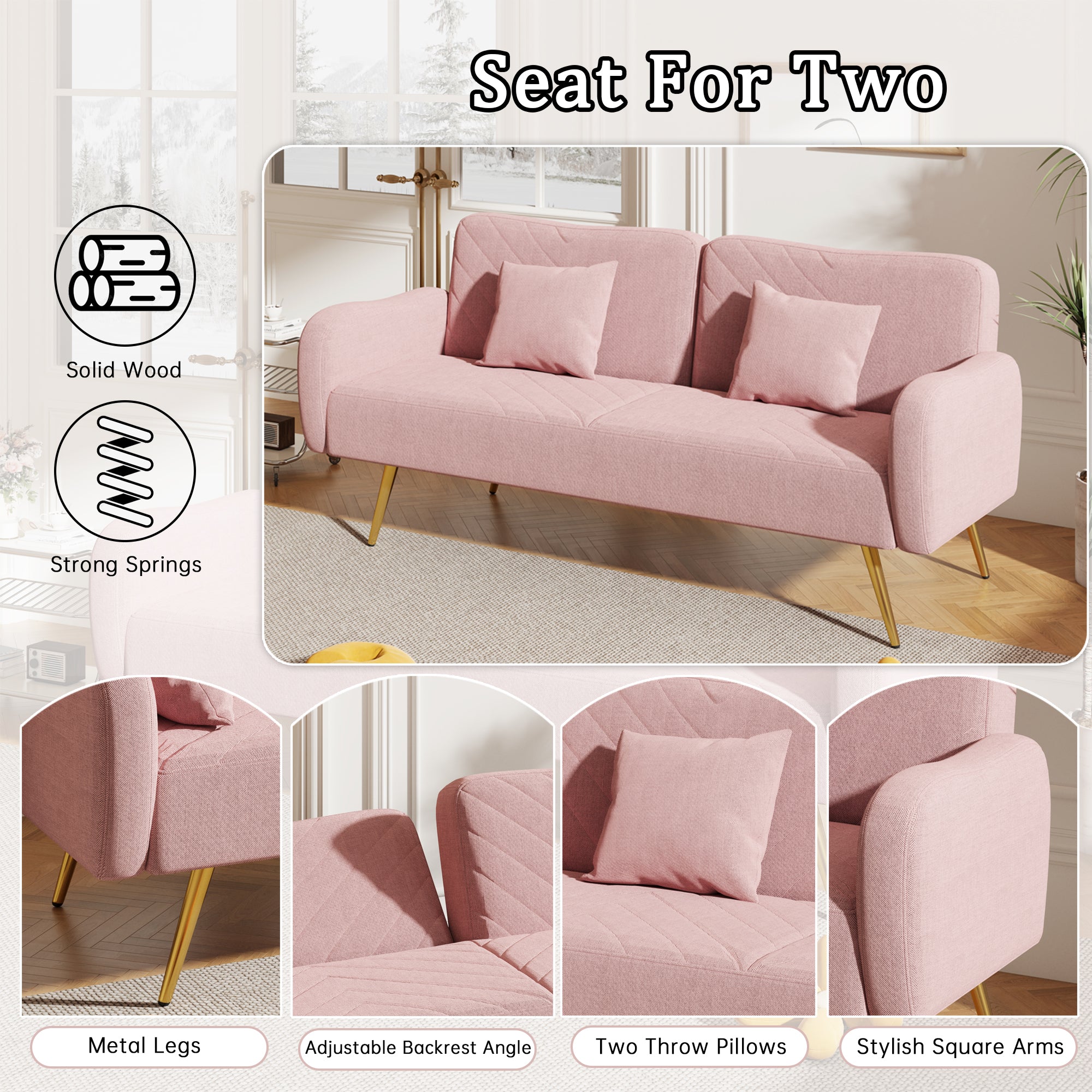 70.47" Pink Fabric Double Sofa with Split Backrest and Two Throw Pillows