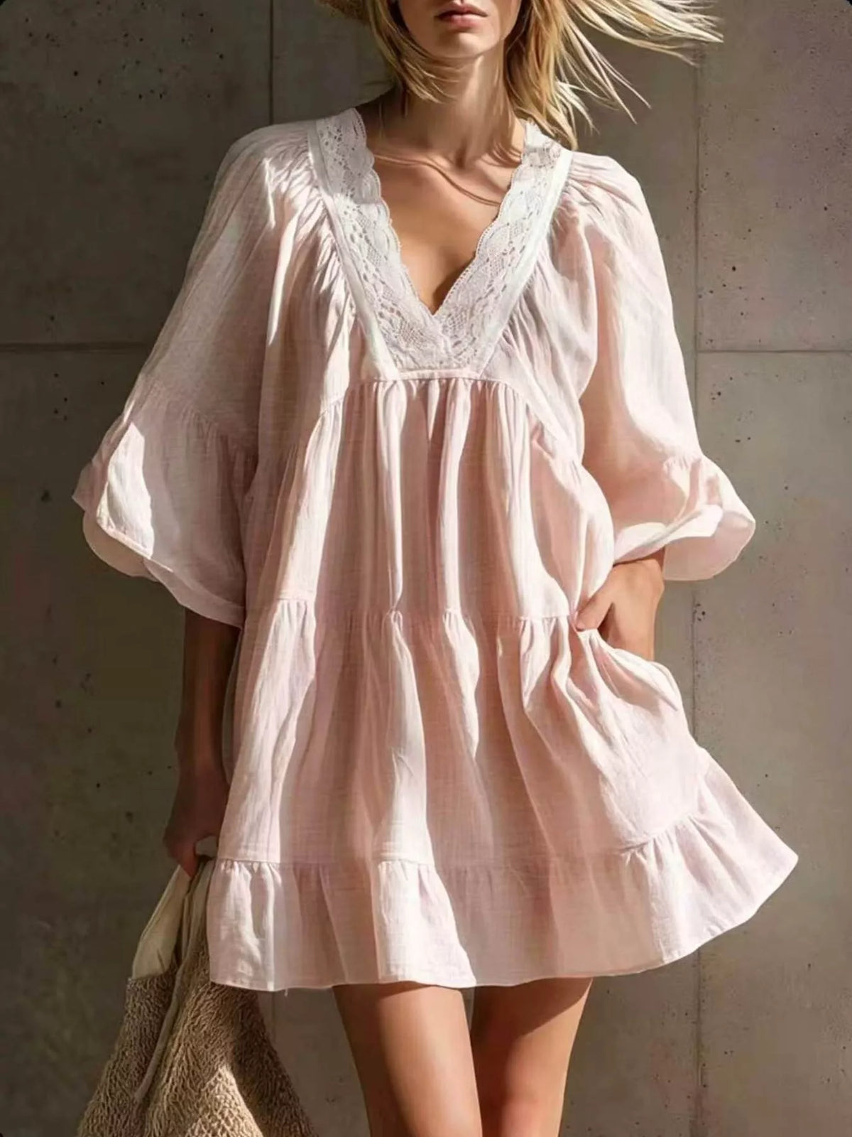 Lace-trim puff-sleeve dress – blush pink