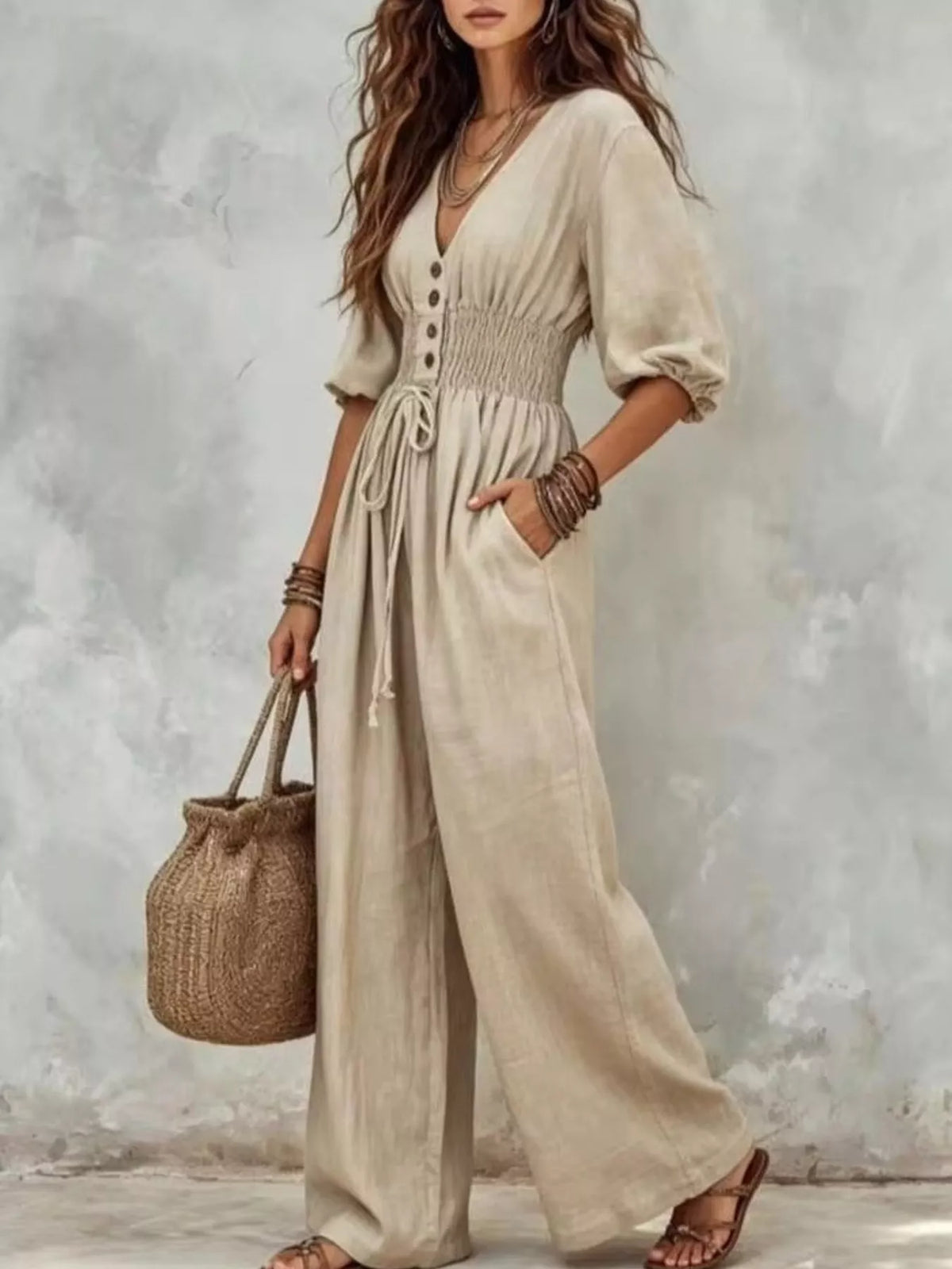 Smocked-waist wide-leg jumpsuit