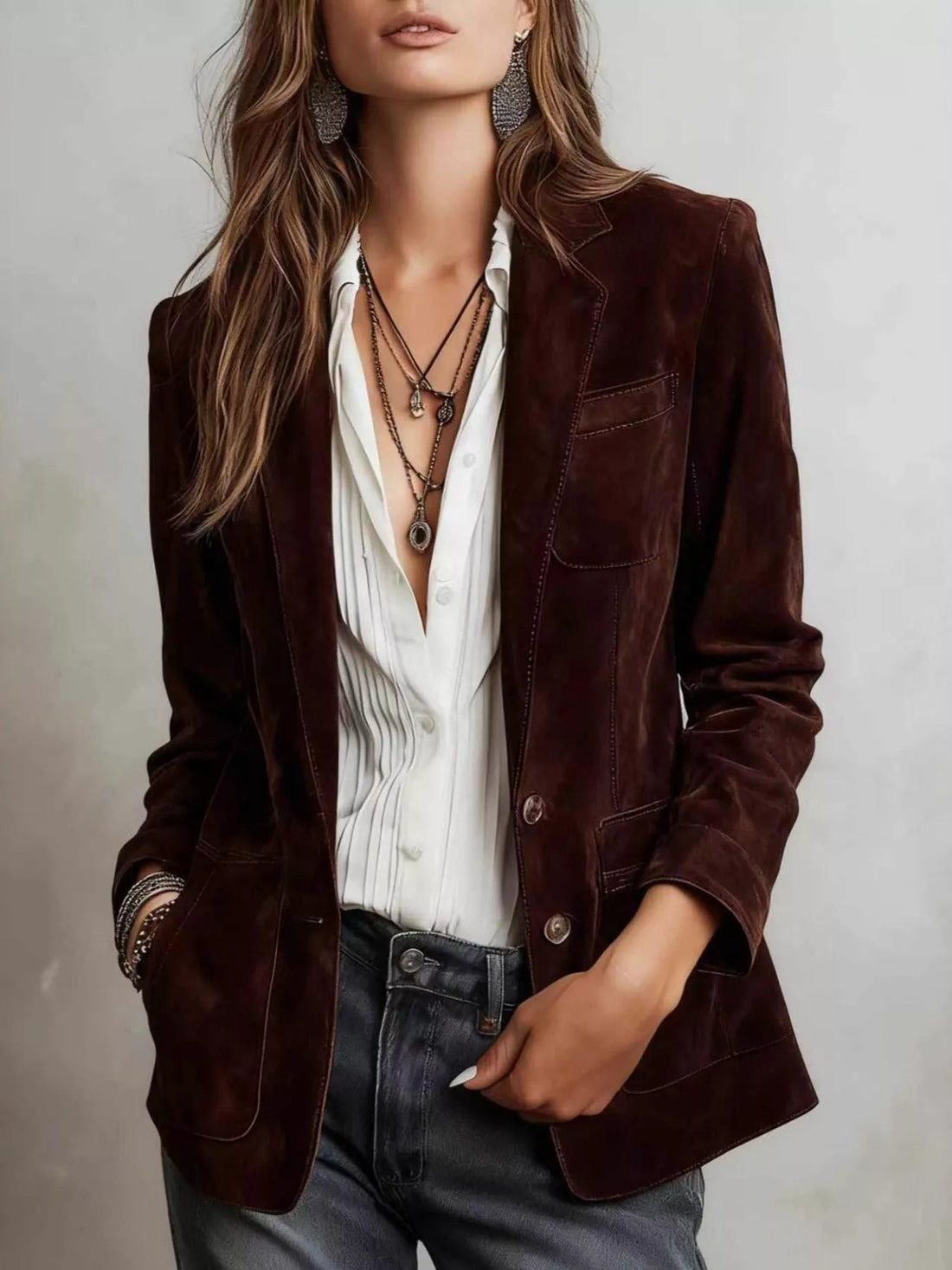 Lapel collar button up blazer, Chocolate